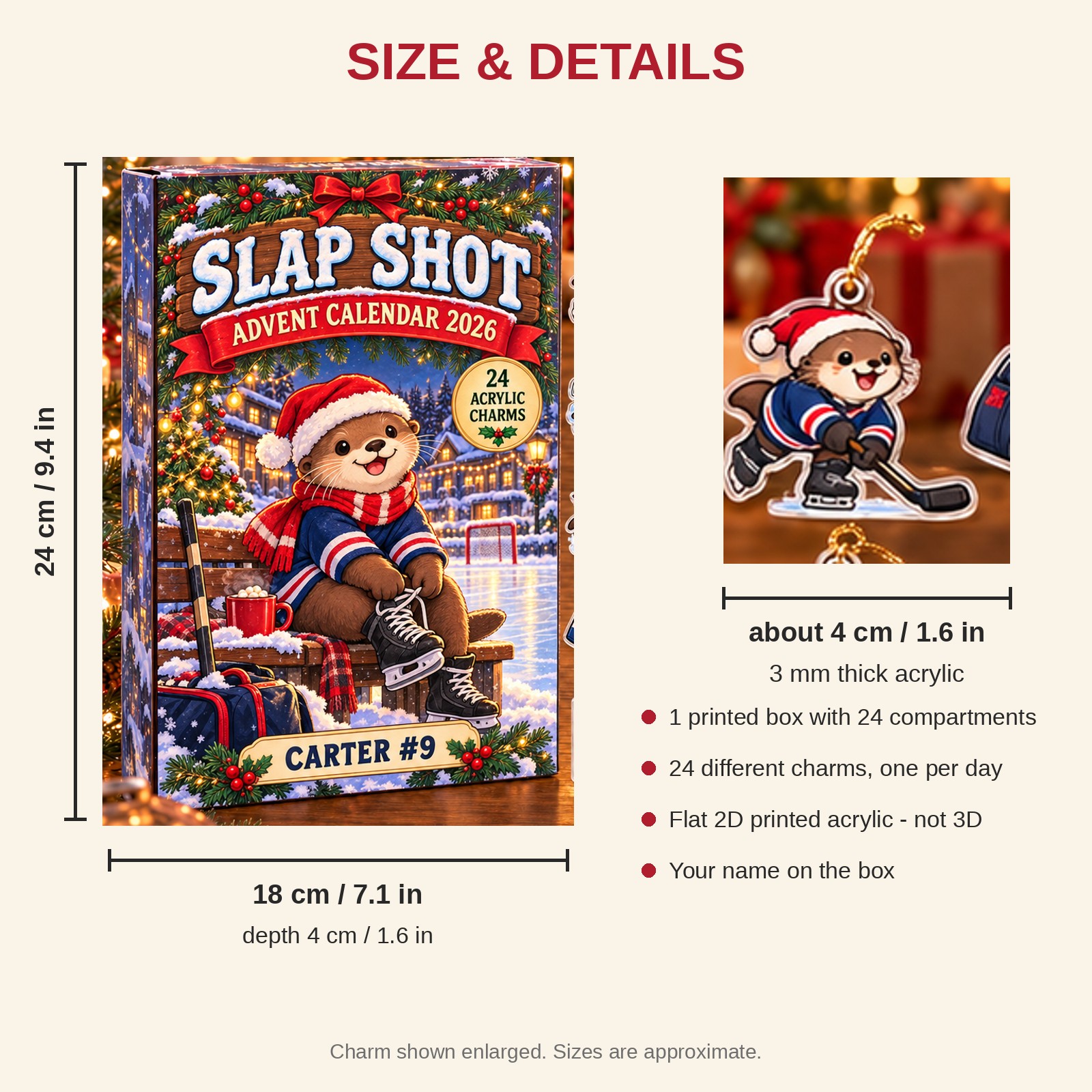 Personalized Hockey Otter advent calendar box with 24 flat acrylic Christmas charms: box and charm sizes