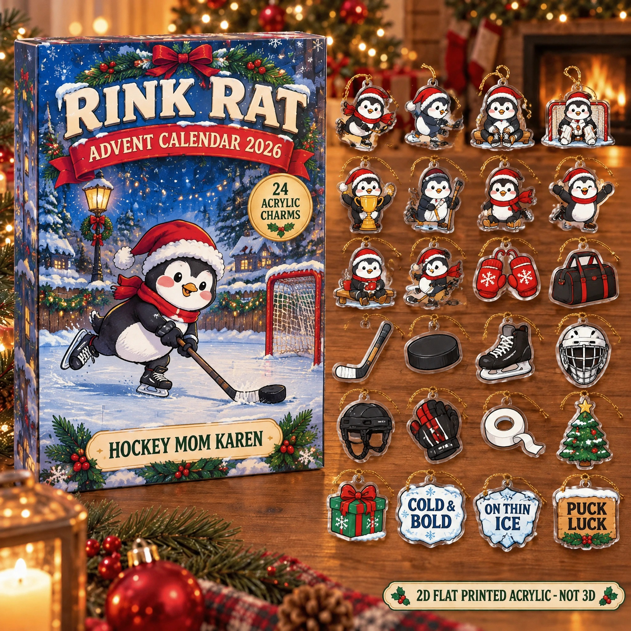 Personalized Hockey Penguin advent calendar box with 24 flat acrylic Christmas charms