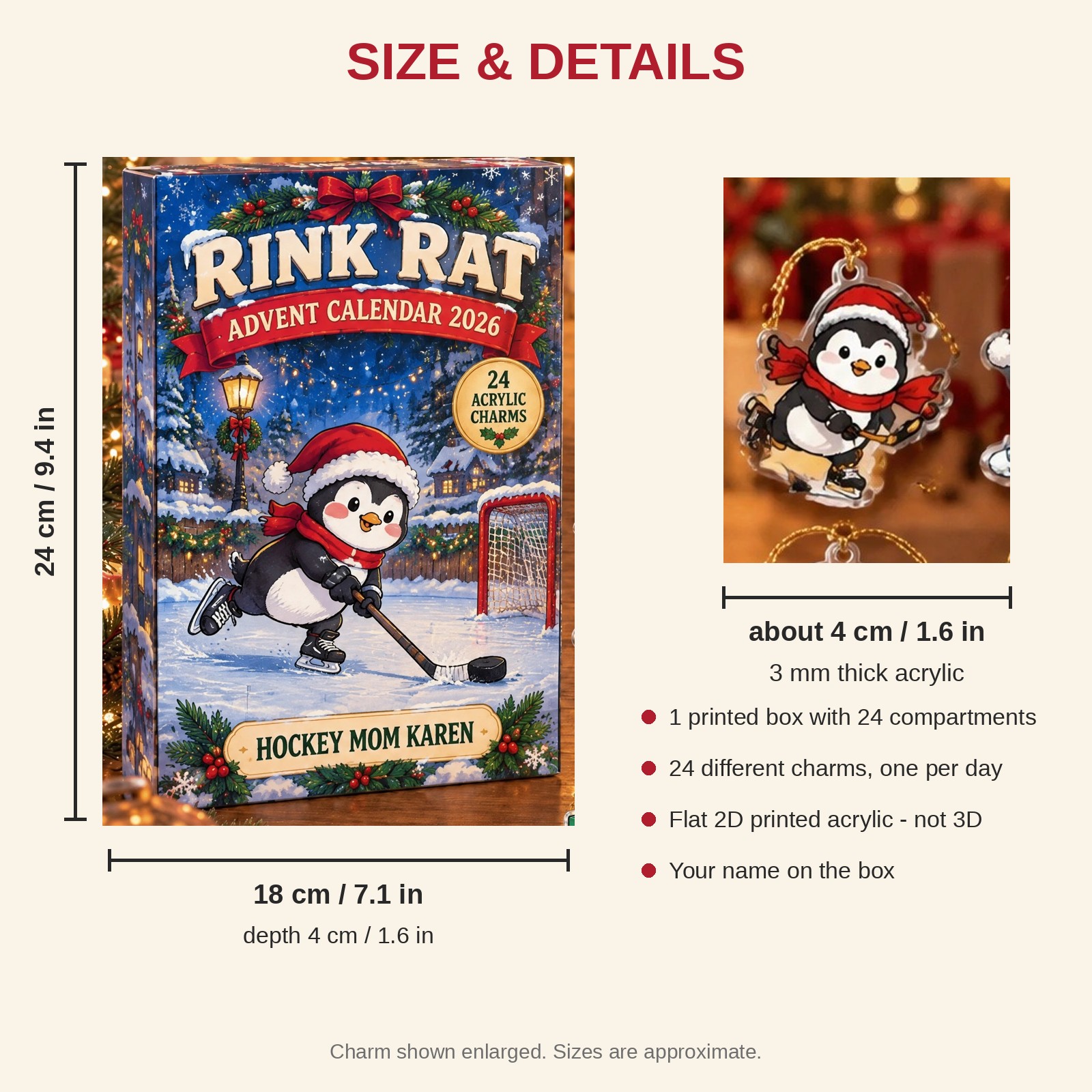 Personalized Hockey Penguin advent calendar box with 24 flat acrylic Christmas charms: box and charm sizes