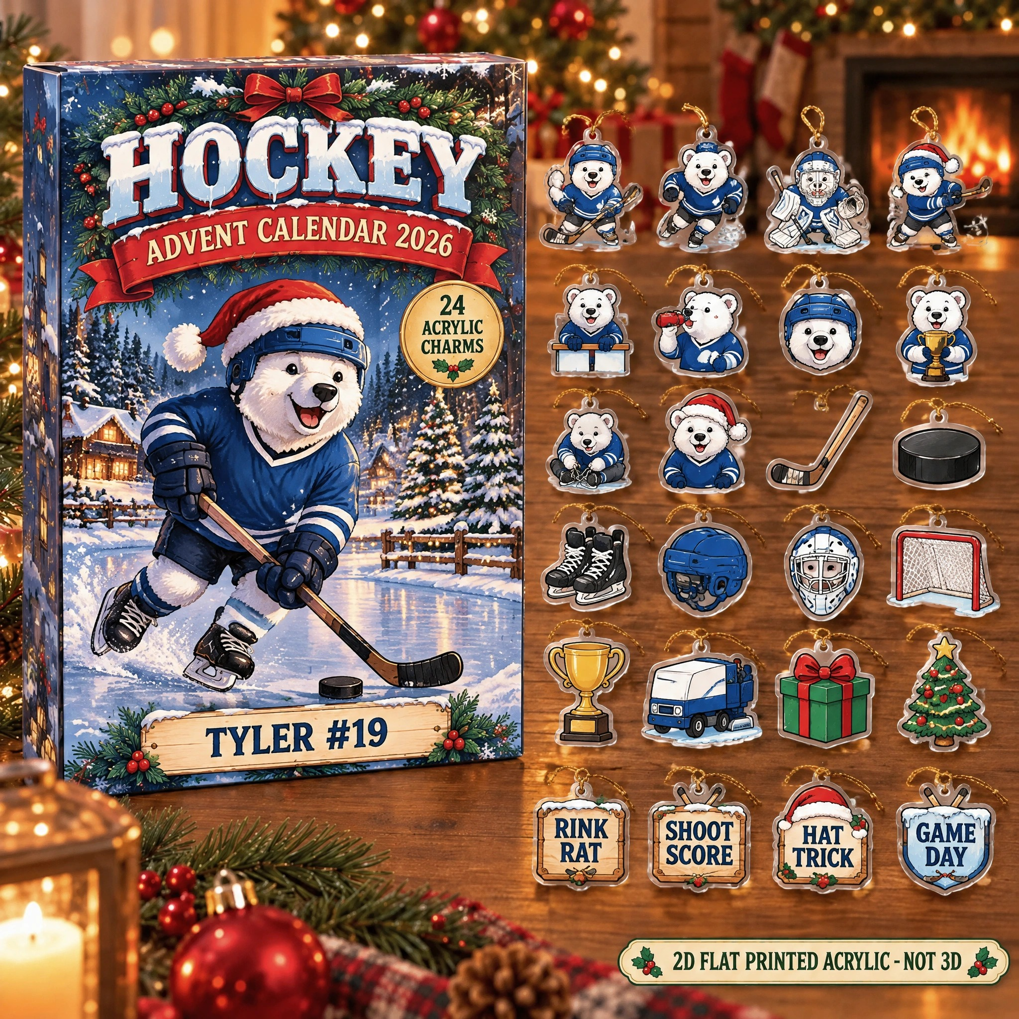 Personalized Hockey Polar Bear advent calendar box with 24 flat acrylic Christmas charms