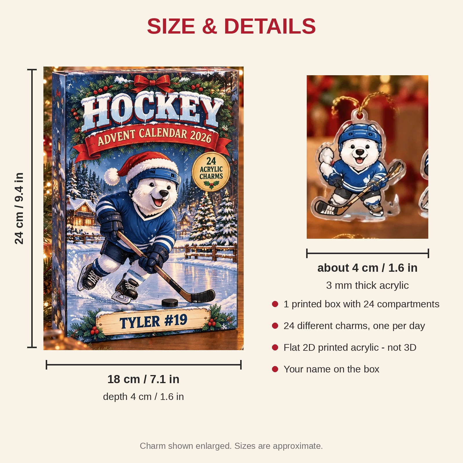 Personalized Hockey Polar Bear advent calendar box with 24 flat acrylic Christmas charms: box and charm sizes