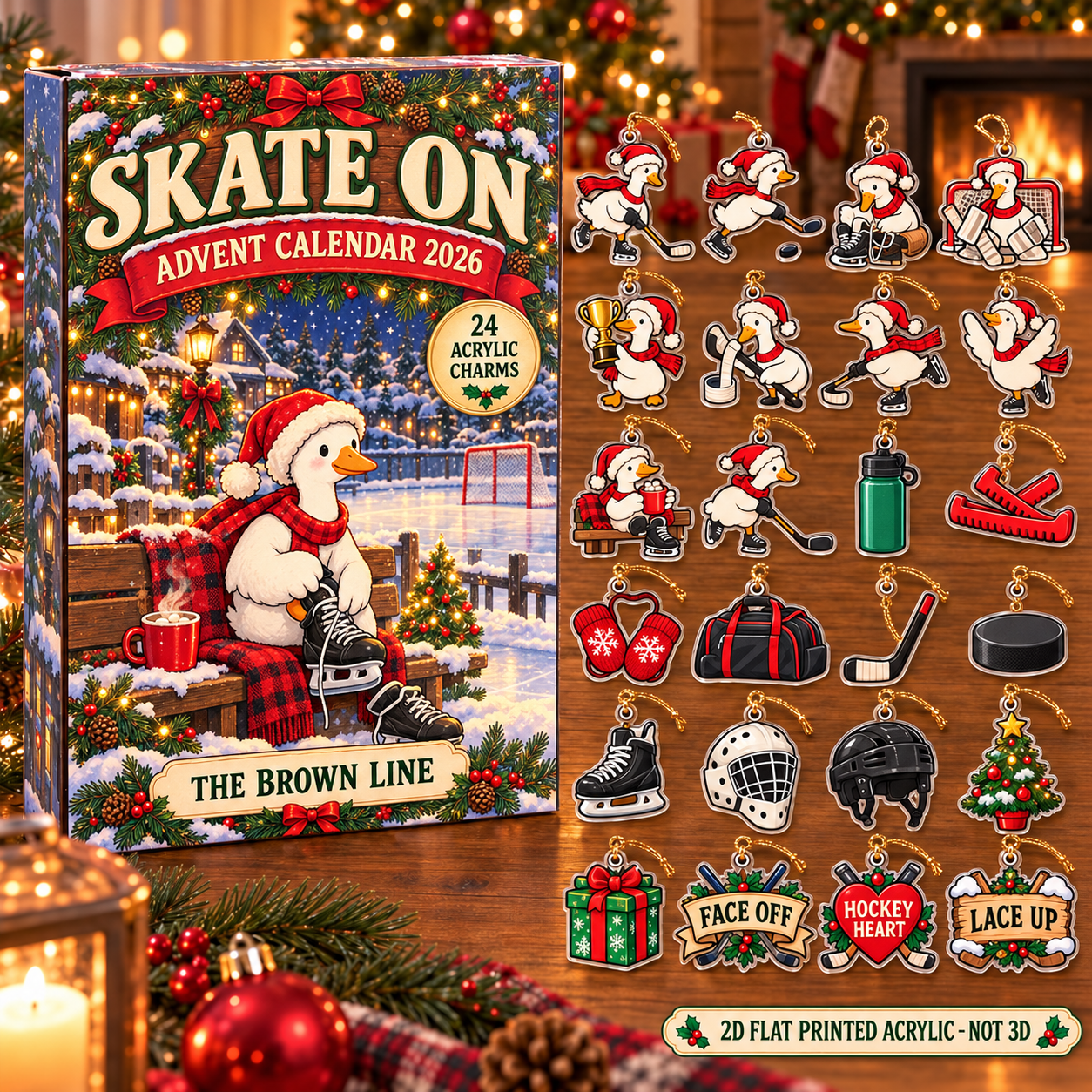 Personalized Hockey Silly Goose advent calendar box with 24 flat acrylic Christmas charms