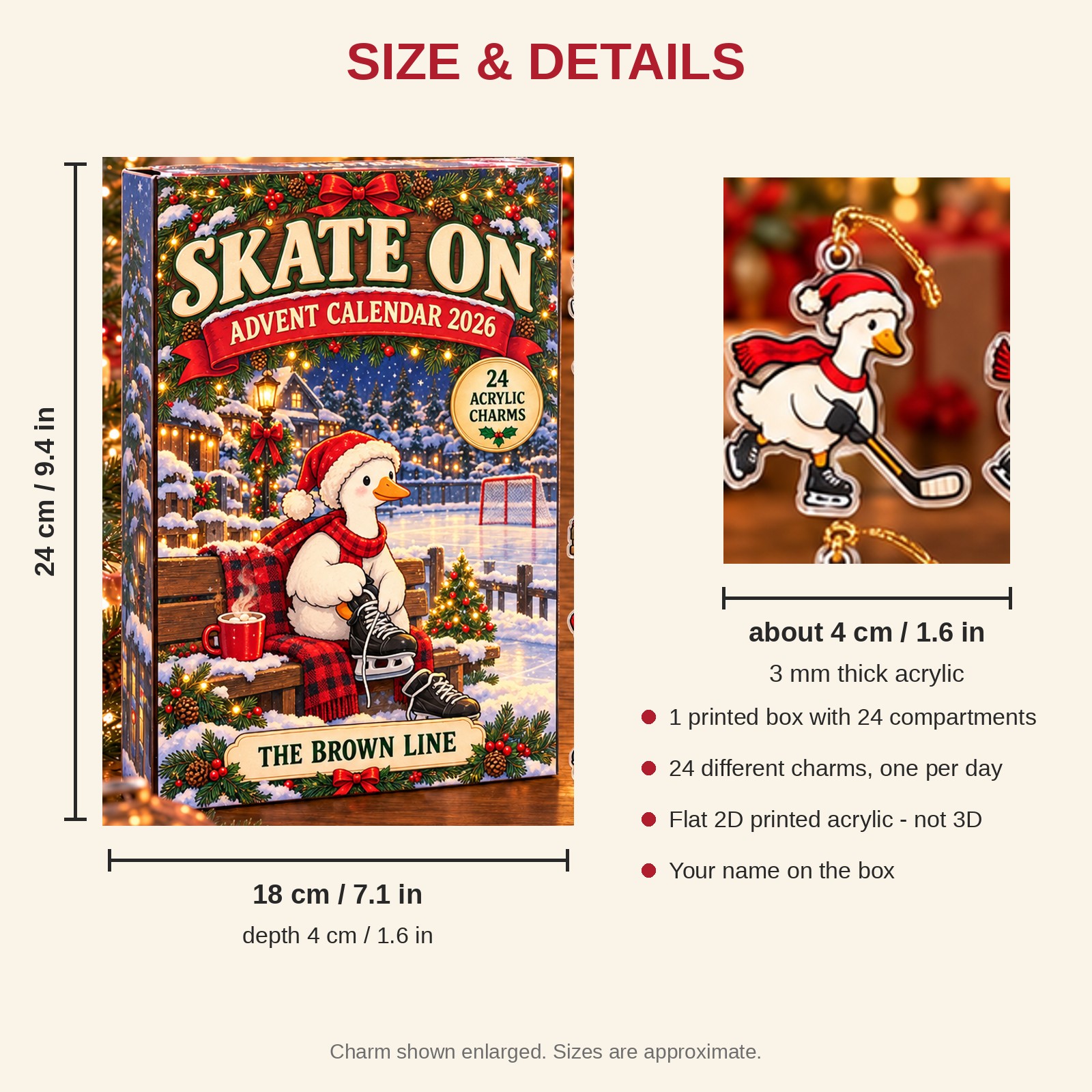 Personalized Hockey Silly Goose advent calendar box with 24 flat acrylic Christmas charms: box and charm sizes