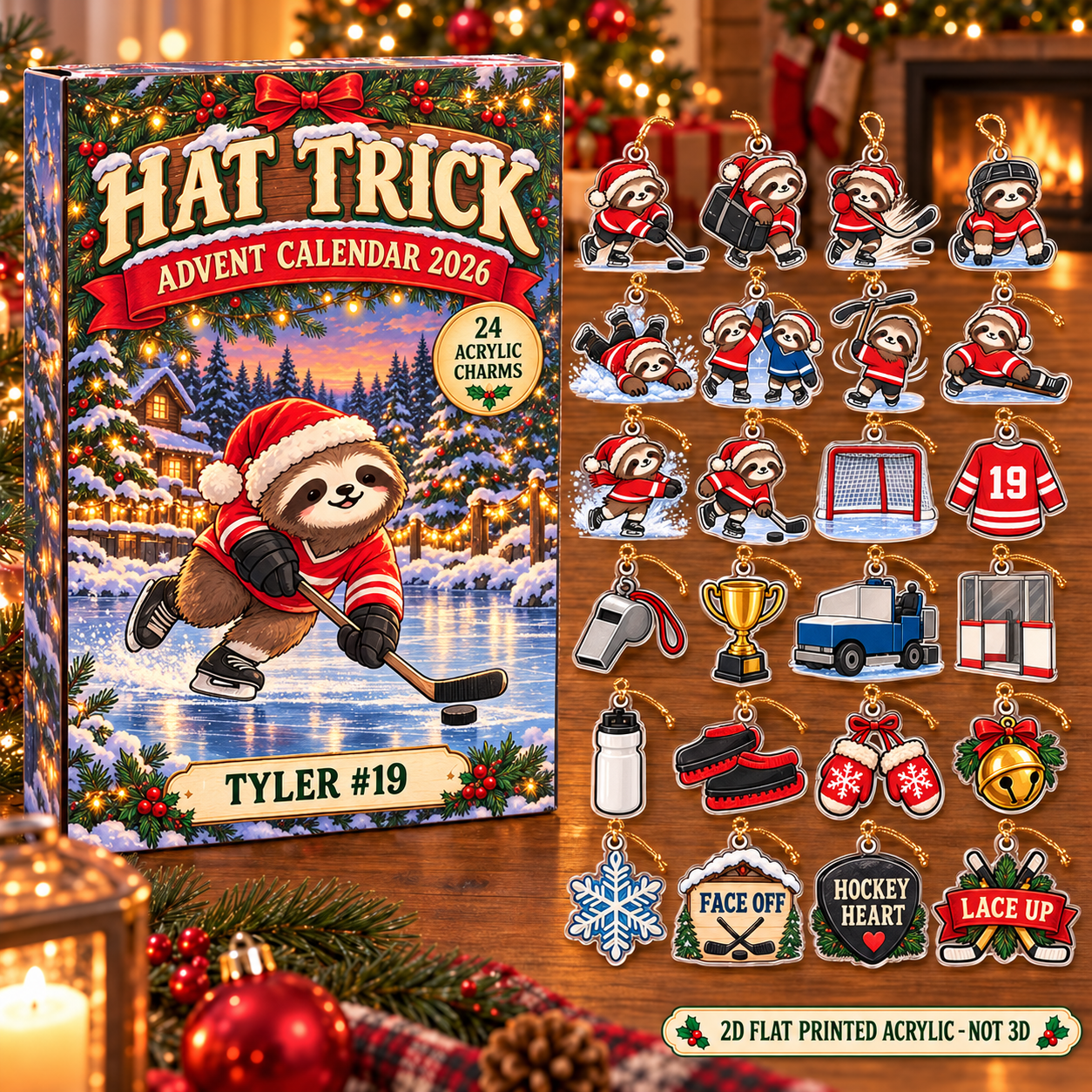 Personalized Hockey Sloth advent calendar box with 24 flat acrylic Christmas charms