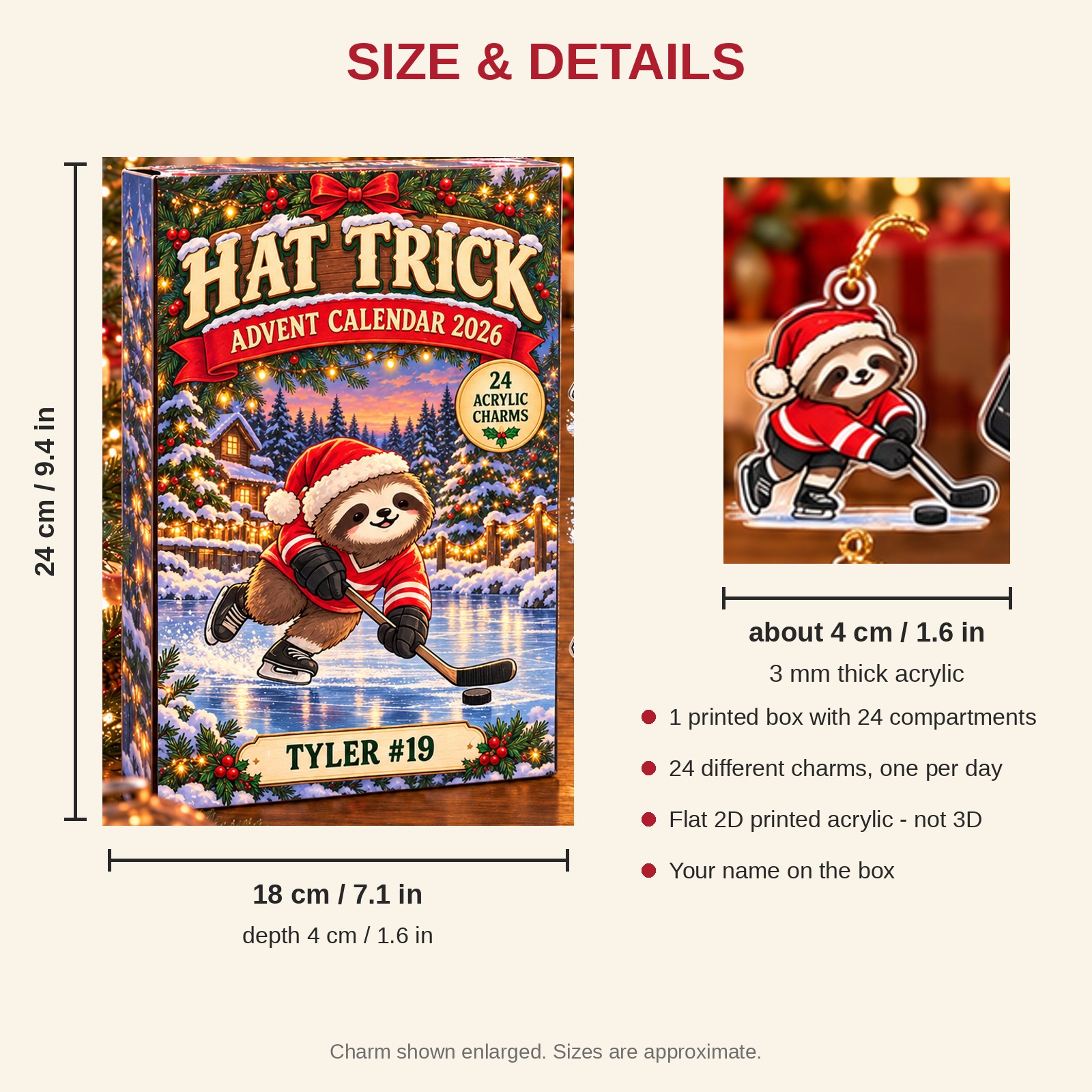 Personalized Hockey Sloth advent calendar box with 24 flat acrylic Christmas charms: box and charm sizes