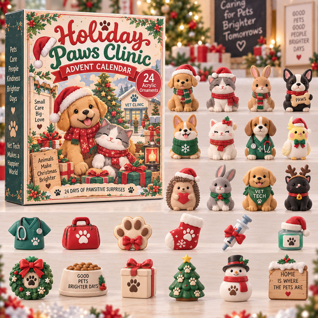 Holiday Paws Clinic advent calendar box with 24 acrylic Christmas charms