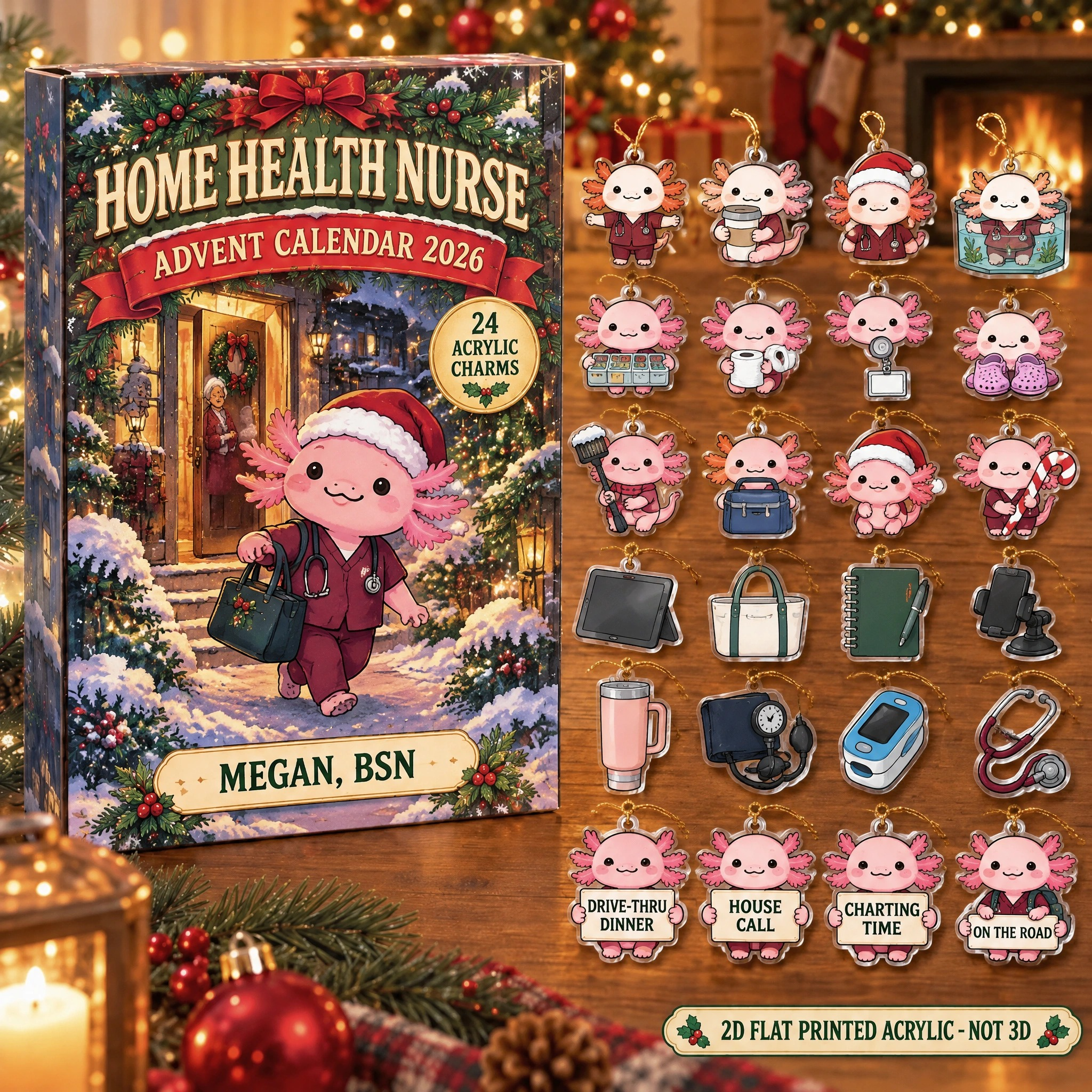 Personalized Home Health RN Axolotl advent calendar box with 24 flat acrylic Christmas charms