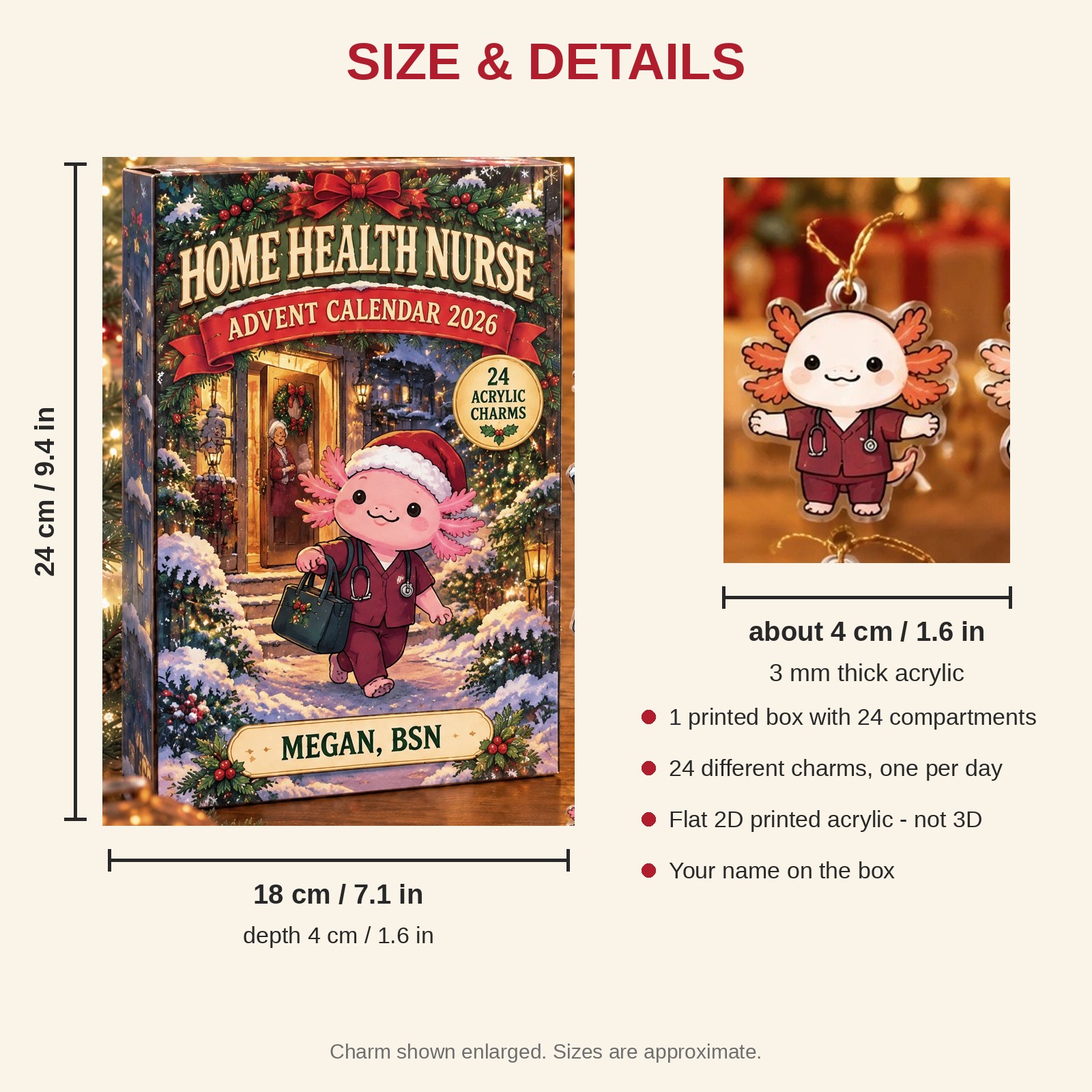 Personalized Home Health RN Axolotl advent calendar box with 24 flat acrylic Christmas charms: box and charm sizes