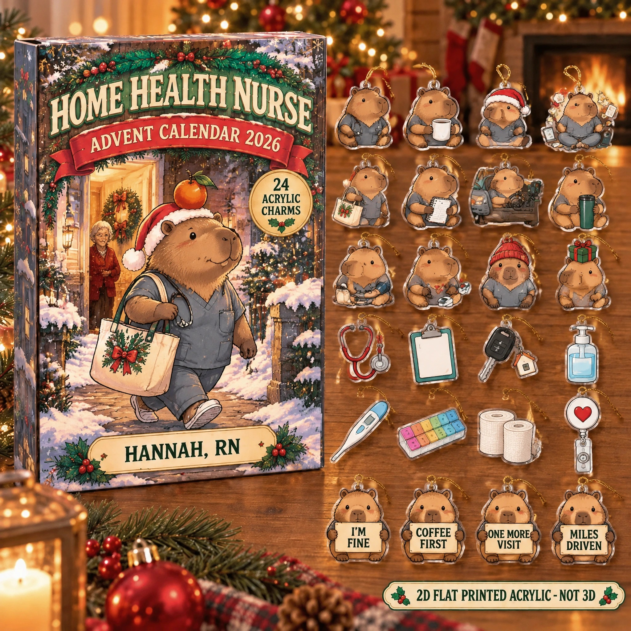 Personalized Home Health RN Capybara advent calendar box with 24 flat acrylic Christmas charms