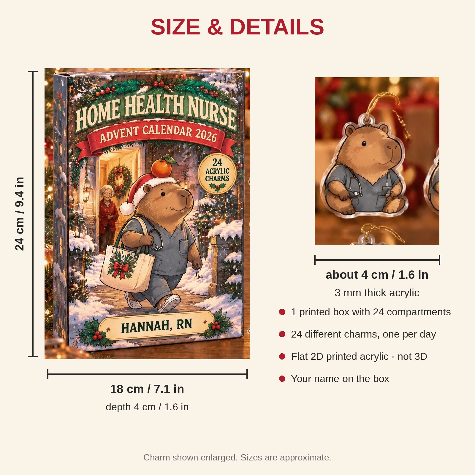 Personalized Home Health RN Capybara advent calendar box with 24 flat acrylic Christmas charms: box and charm sizes