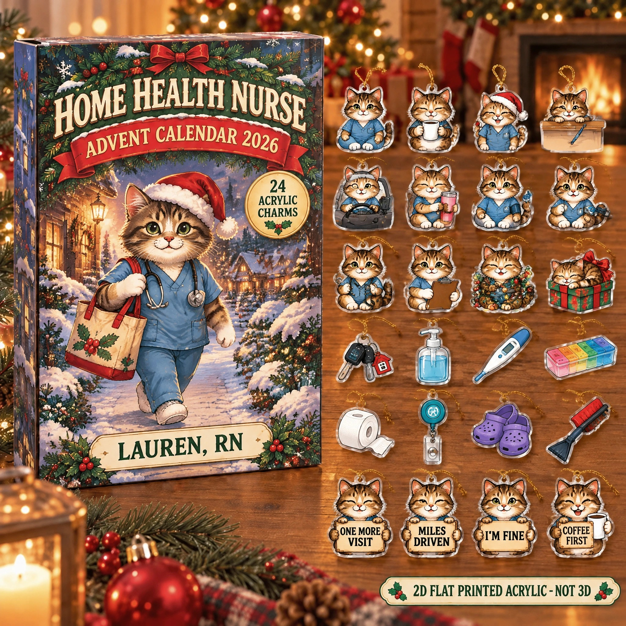 Personalized Home Health RN Cat advent calendar box with 24 flat acrylic Christmas charms