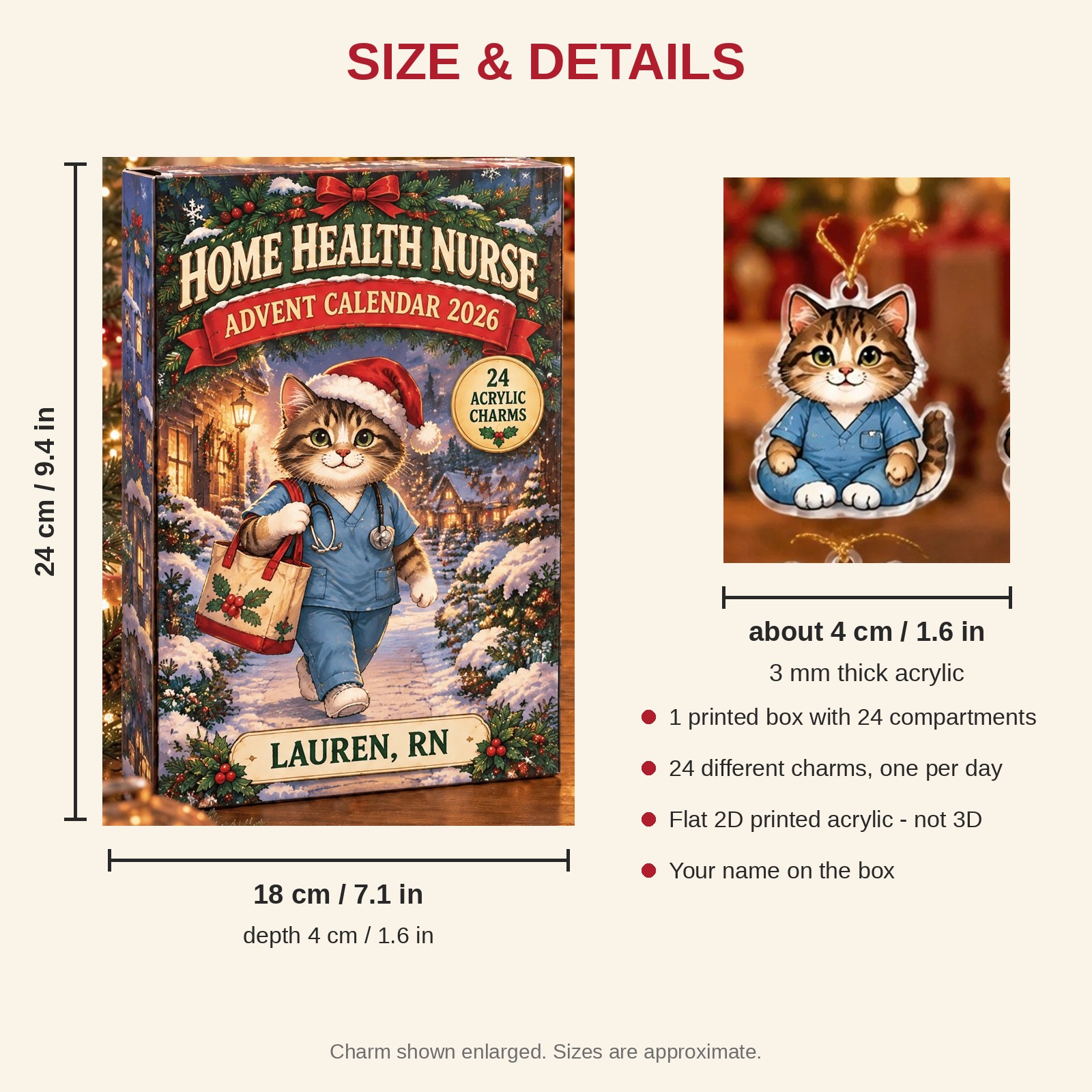 Personalized Home Health RN Cat advent calendar box with 24 flat acrylic Christmas charms: box and charm sizes
