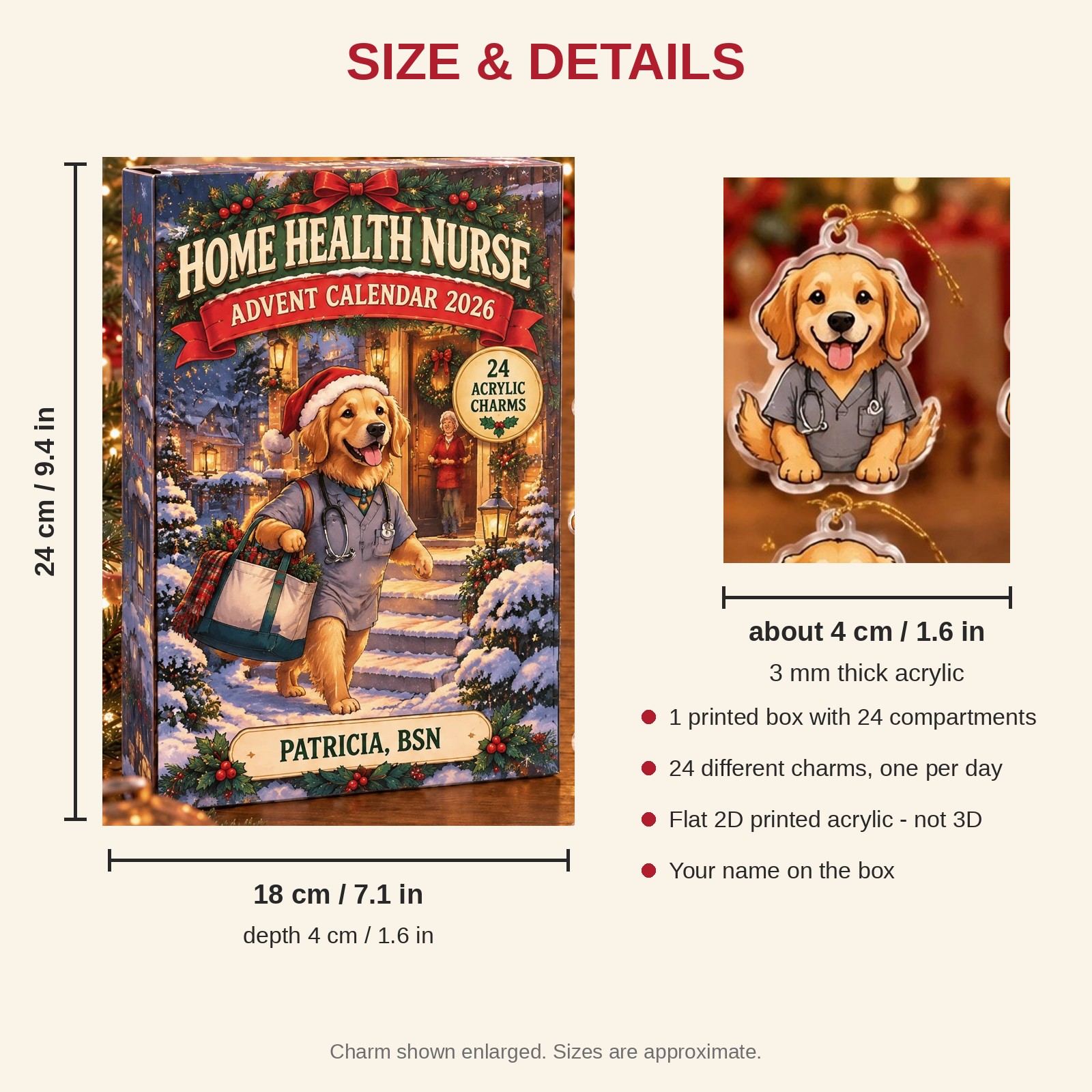 Personalized Home Health RN Dog advent calendar box with 24 flat acrylic Christmas charms: box and charm sizes