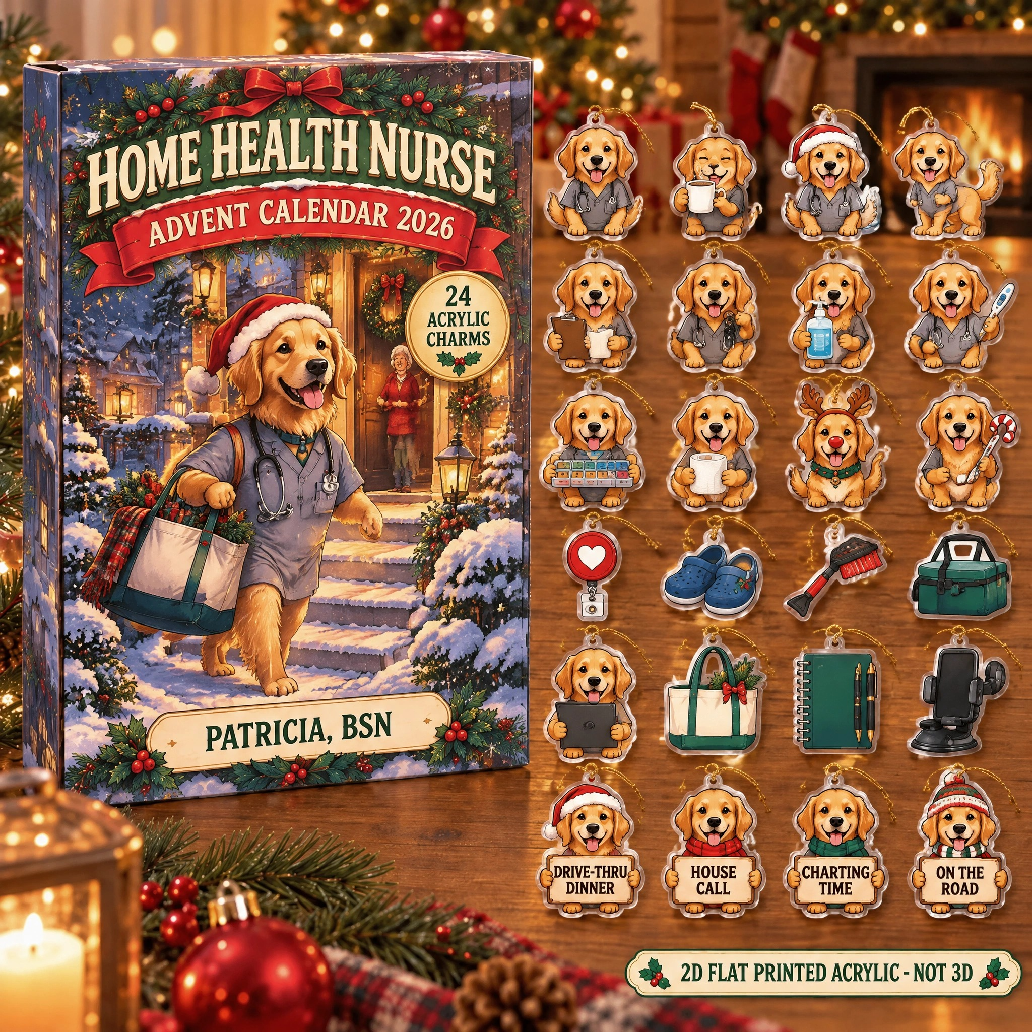 Personalized Home Health RN Dog advent calendar box with 24 flat acrylic Christmas charms