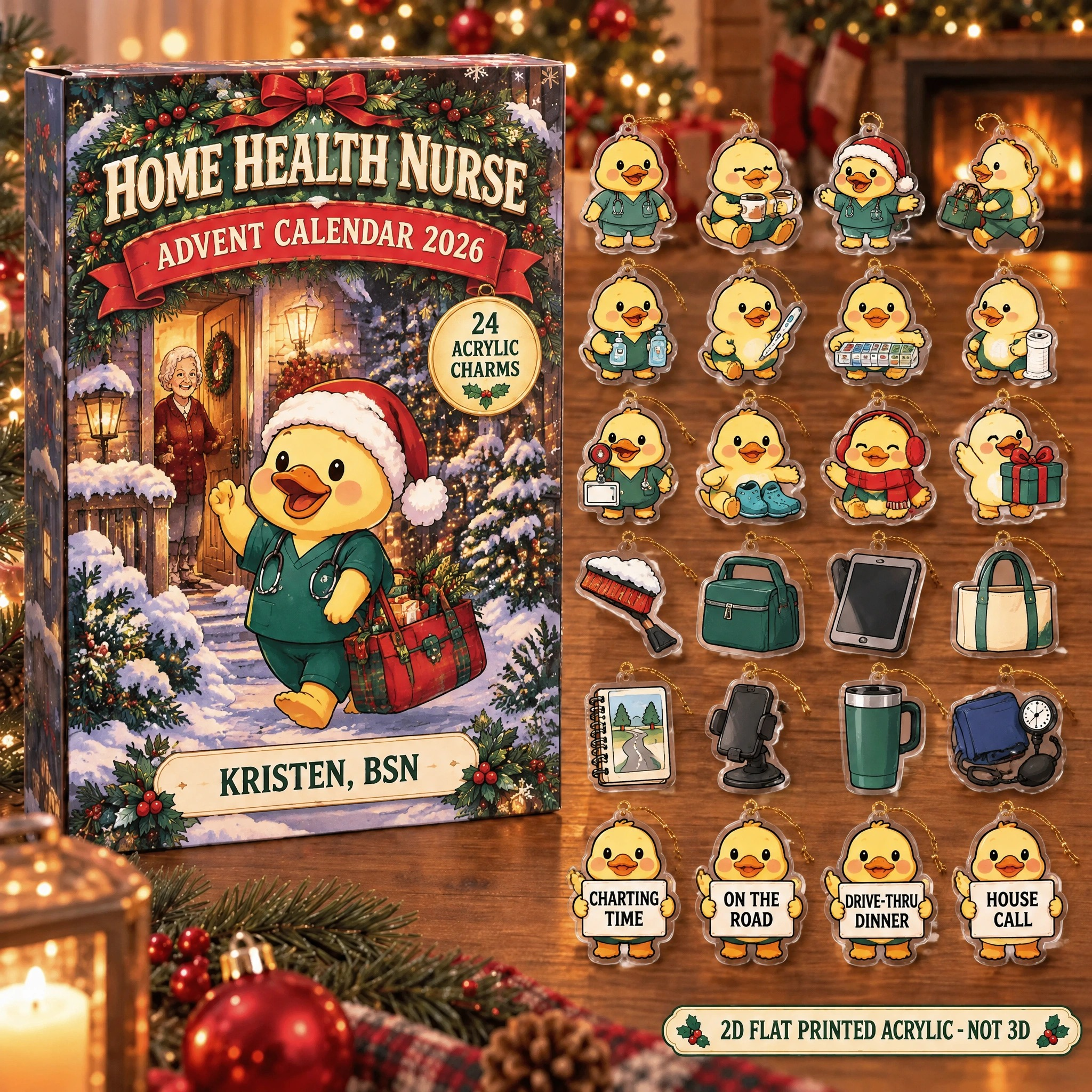 Personalized Home Health RN Duck advent calendar box with 24 flat acrylic Christmas charms