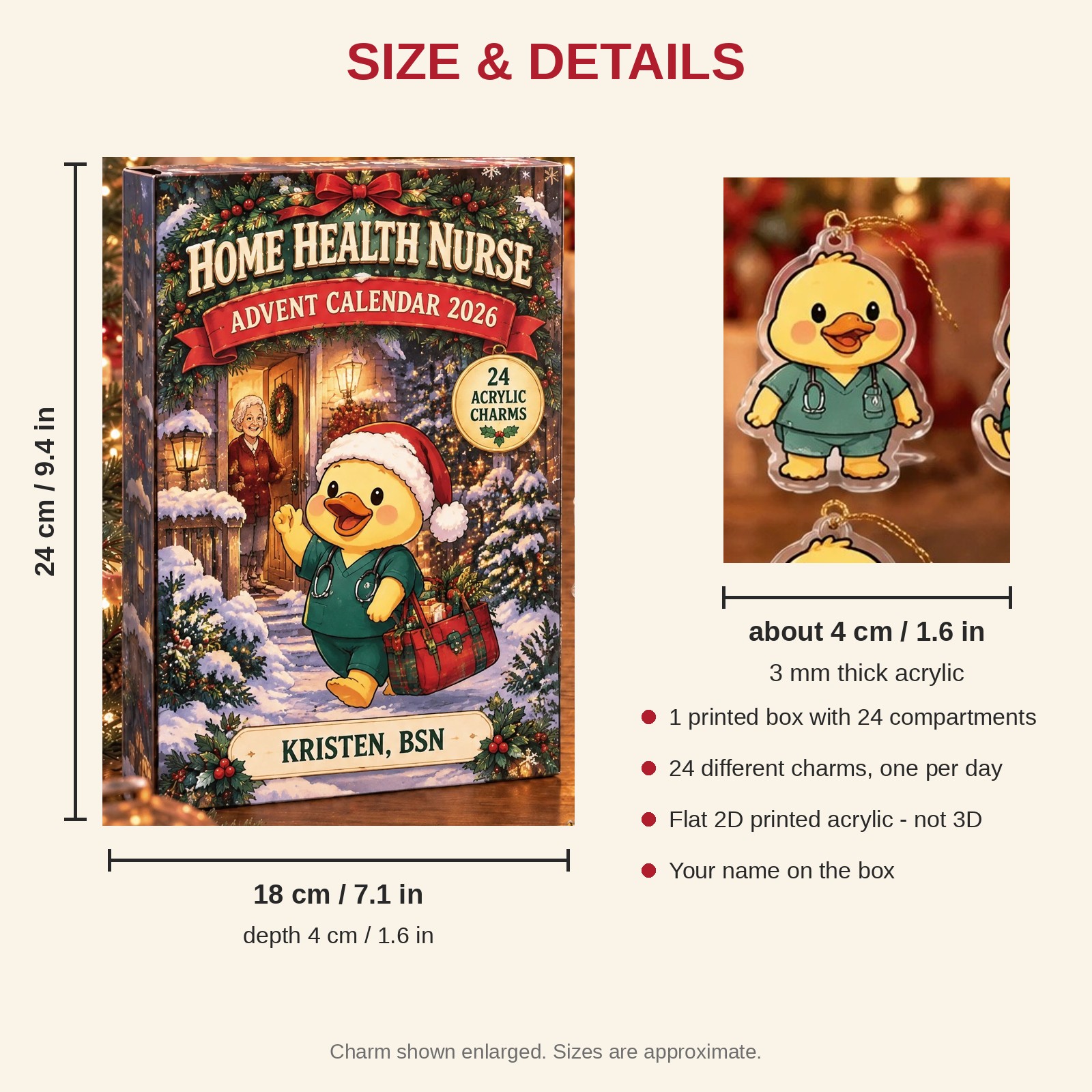 Personalized Home Health RN Duck advent calendar box with 24 flat acrylic Christmas charms: box and charm sizes