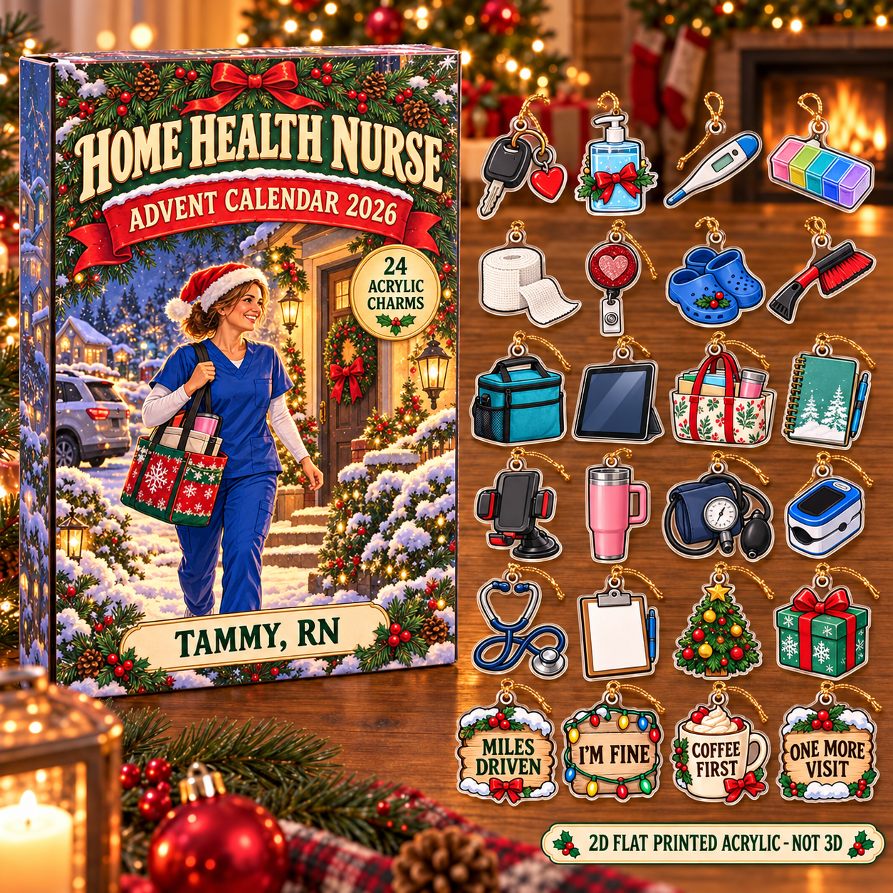 Personalized Home Health RN Essentials advent calendar box with 24 flat acrylic Christmas charms