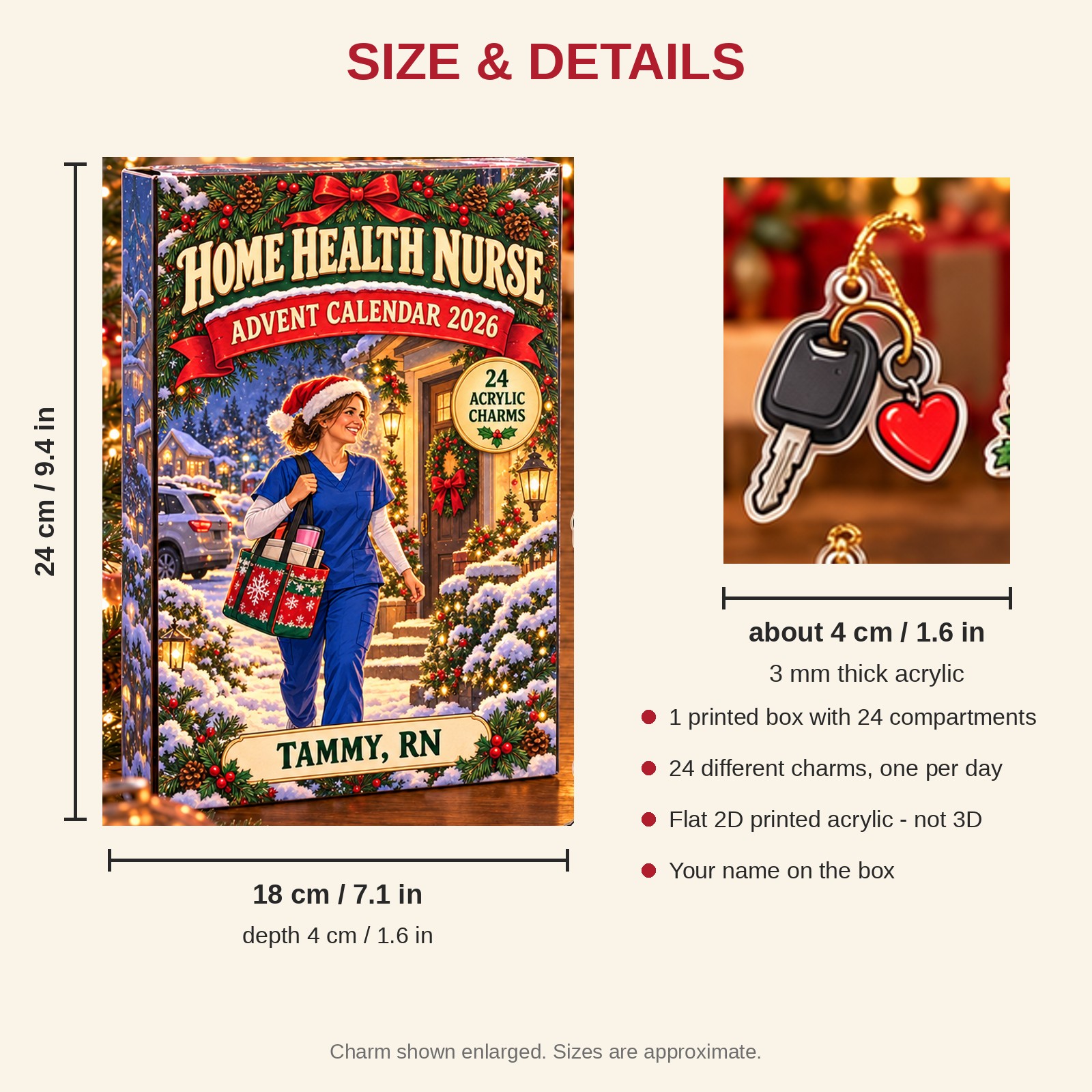 Personalized Home Health RN Essentials advent calendar box with 24 flat acrylic Christmas charms: box and charm sizes
