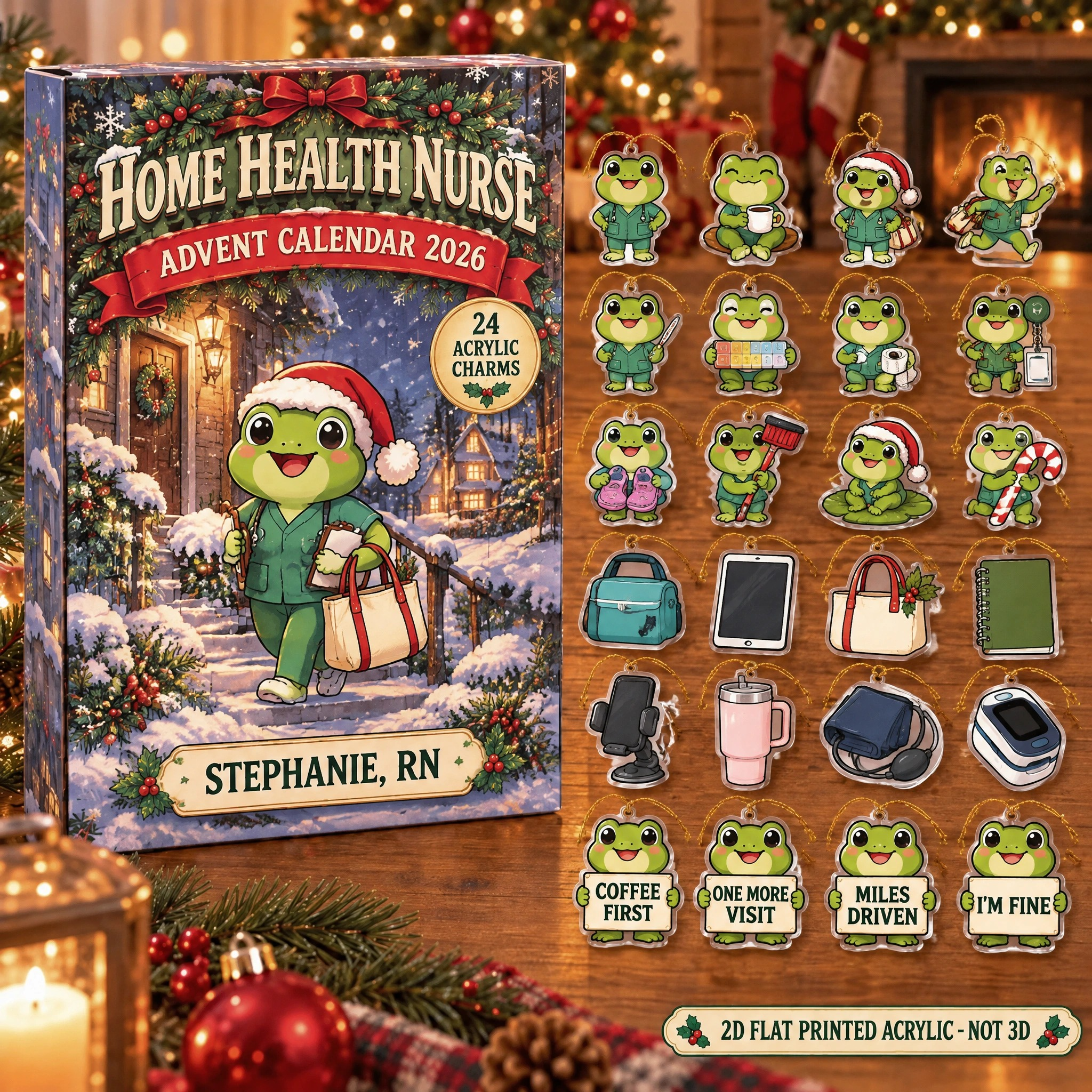 Personalized Home Health RN Frog advent calendar box with 24 flat acrylic Christmas charms