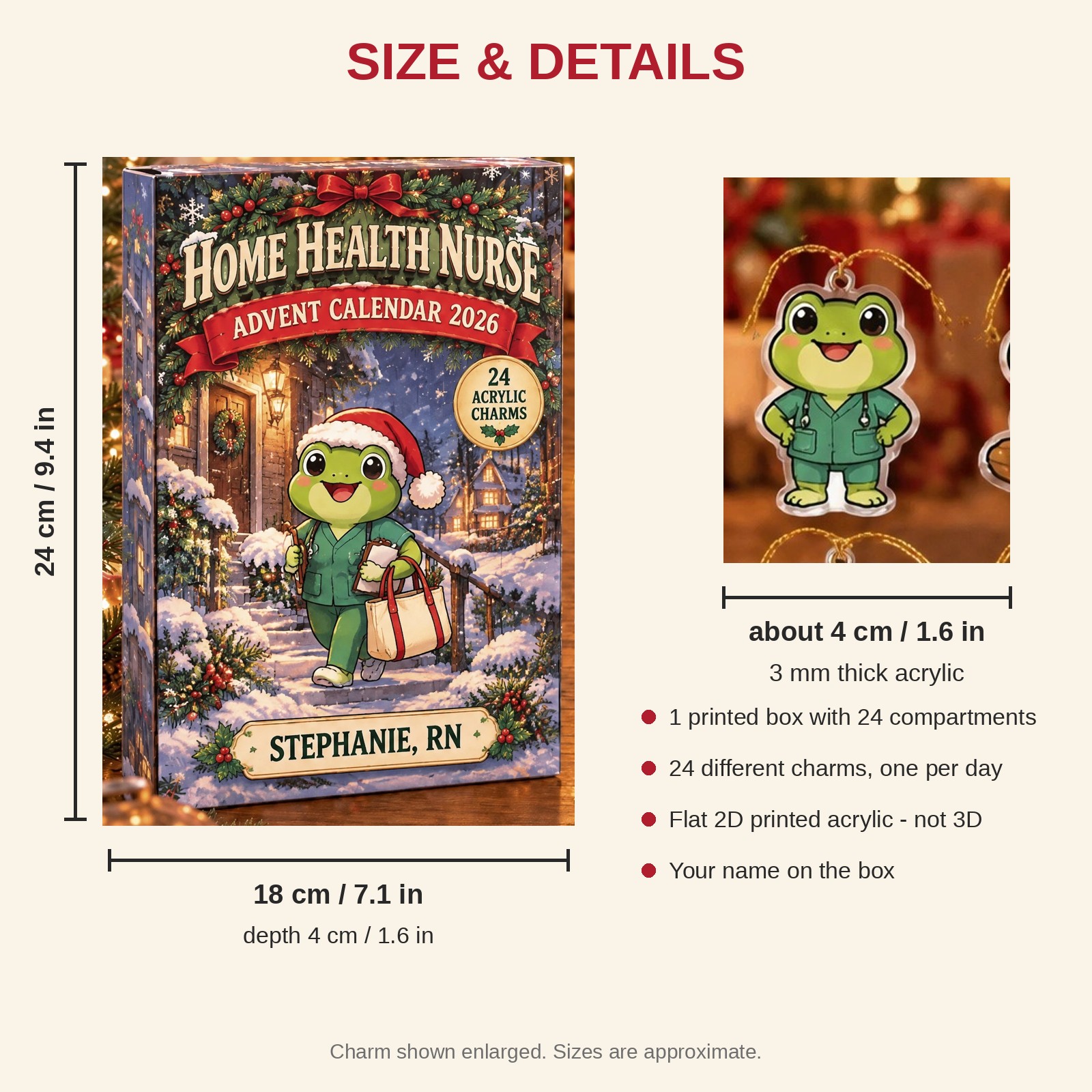 Personalized Home Health RN Frog advent calendar box with 24 flat acrylic Christmas charms: box and charm sizes