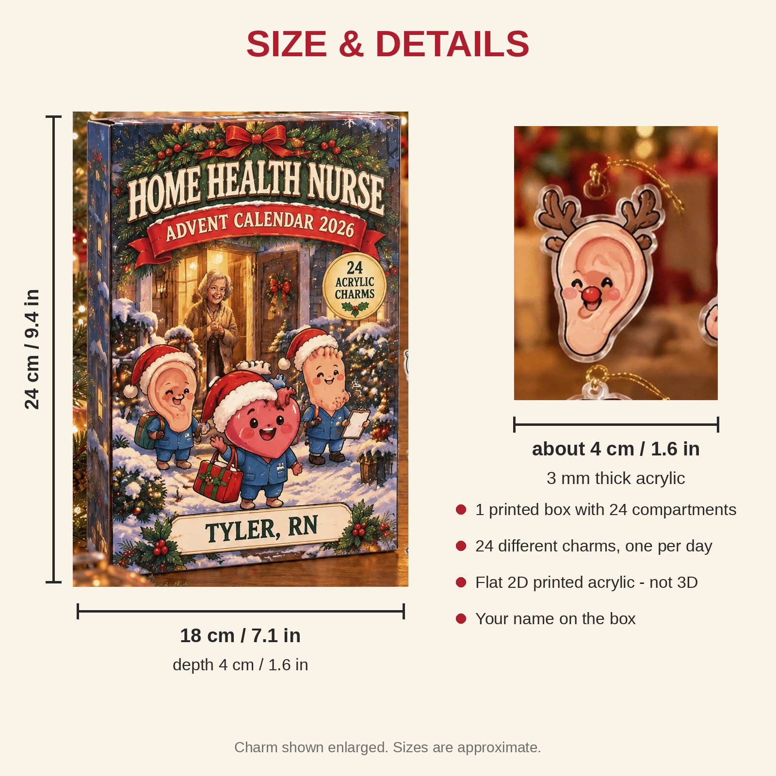 Personalized Home Health RN Funny Anatomy advent calendar box with 24 flat acrylic Christmas charms: box and charm sizes