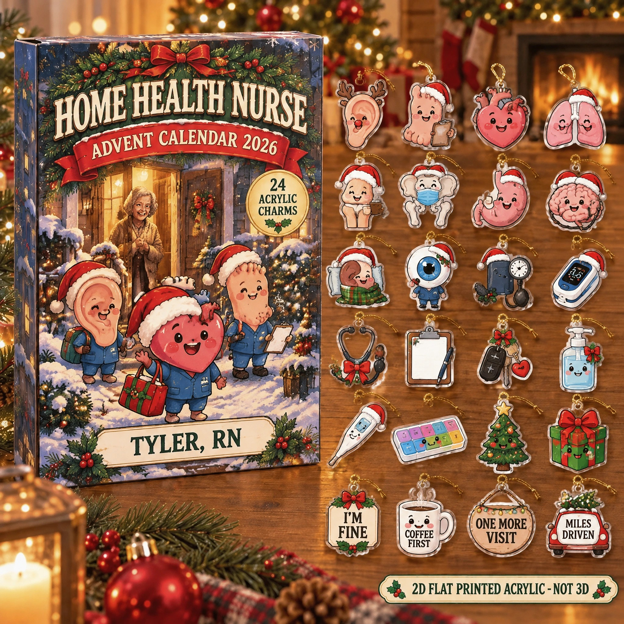 Personalized Home Health RN Funny Anatomy advent calendar box with 24 flat acrylic Christmas charms