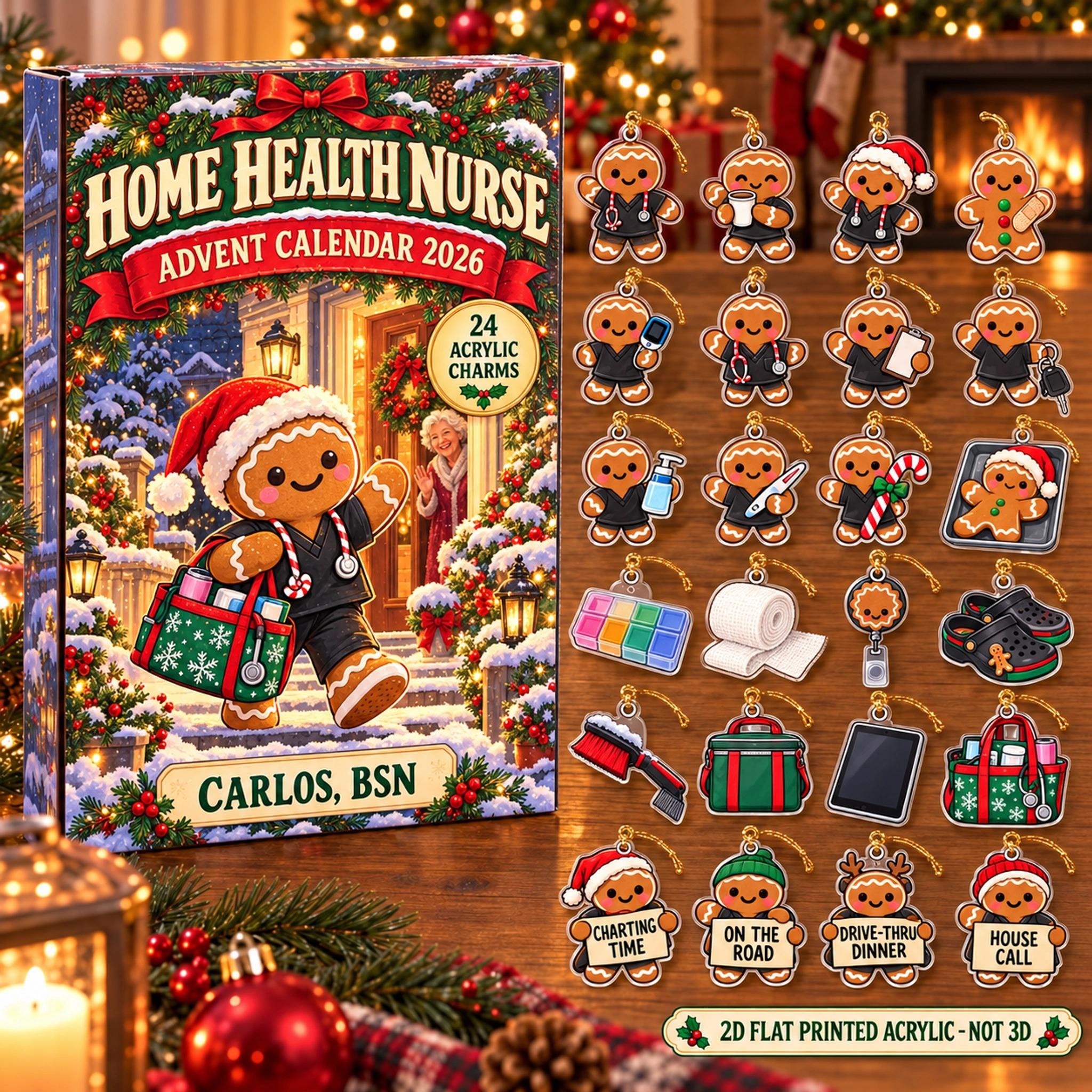 Personalized Home Health RN Gingerbread advent calendar box with 24 flat acrylic Christmas charms