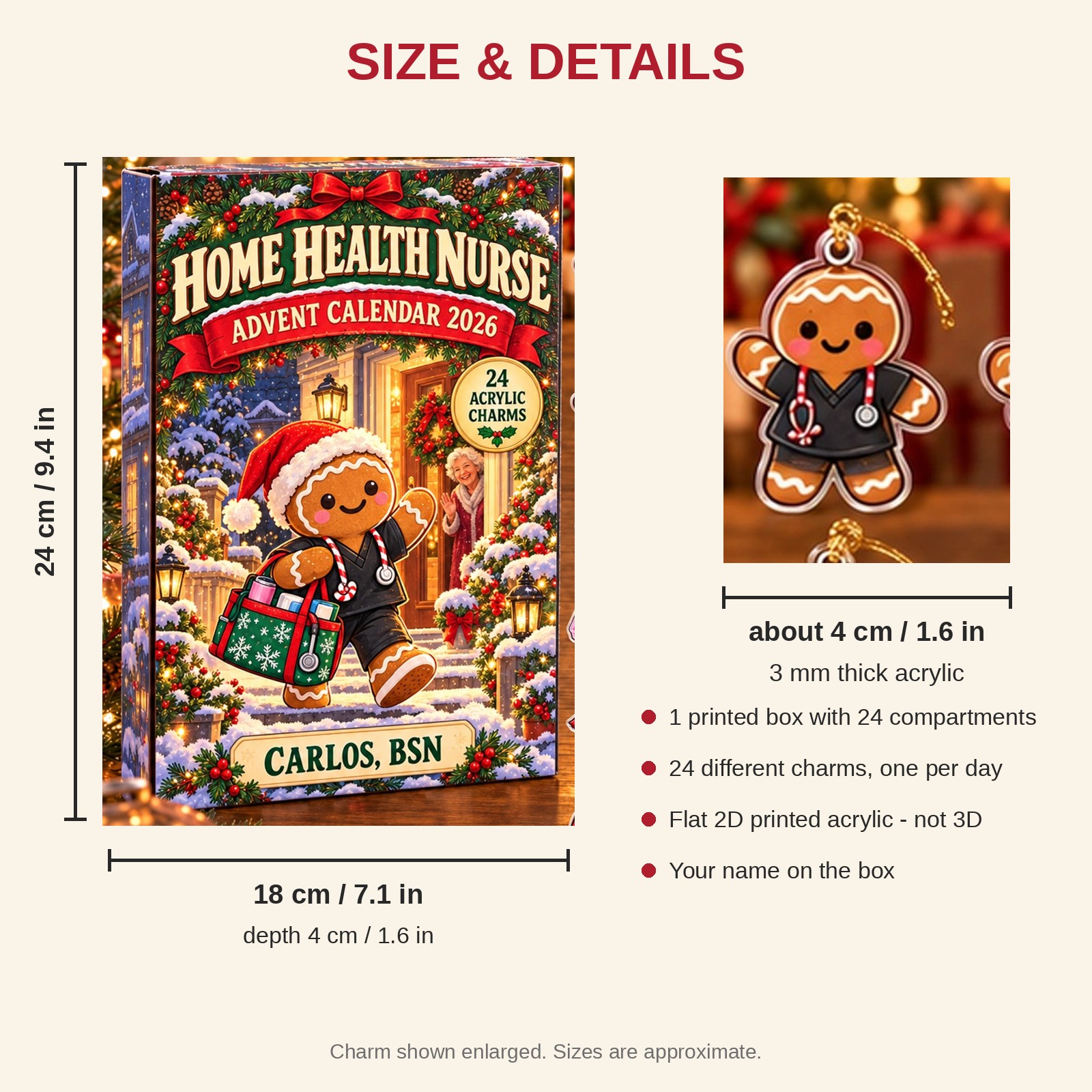 Personalized Home Health RN Gingerbread advent calendar box with 24 flat acrylic Christmas charms: box and charm sizes