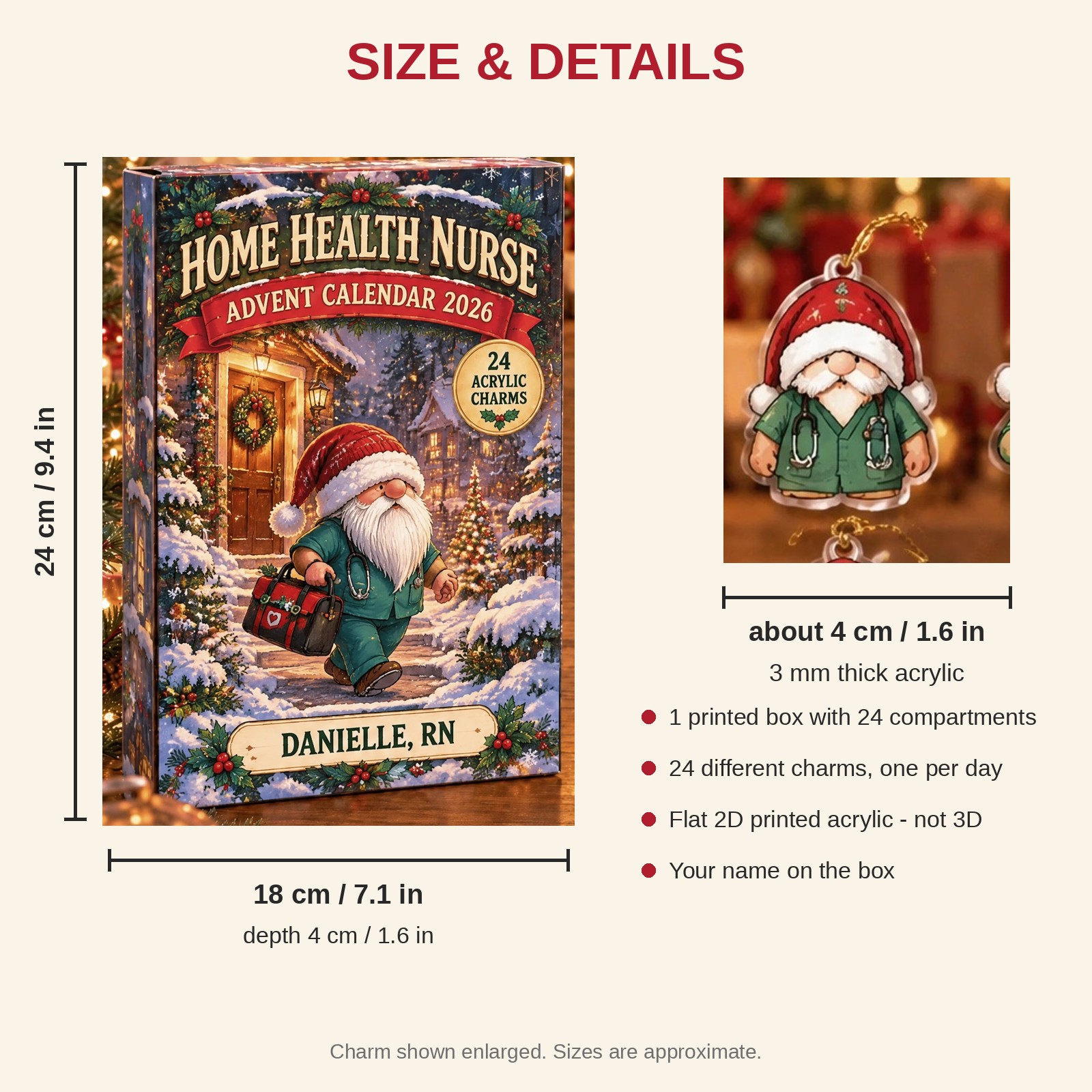 Personalized Home Health RN Gnome advent calendar box with 24 flat acrylic Christmas charms: box and charm sizes