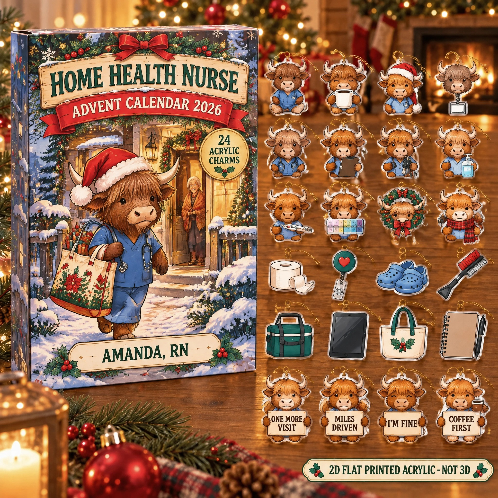 Personalized Home Health RN Highland Cow advent calendar box with 24 flat acrylic Christmas charms