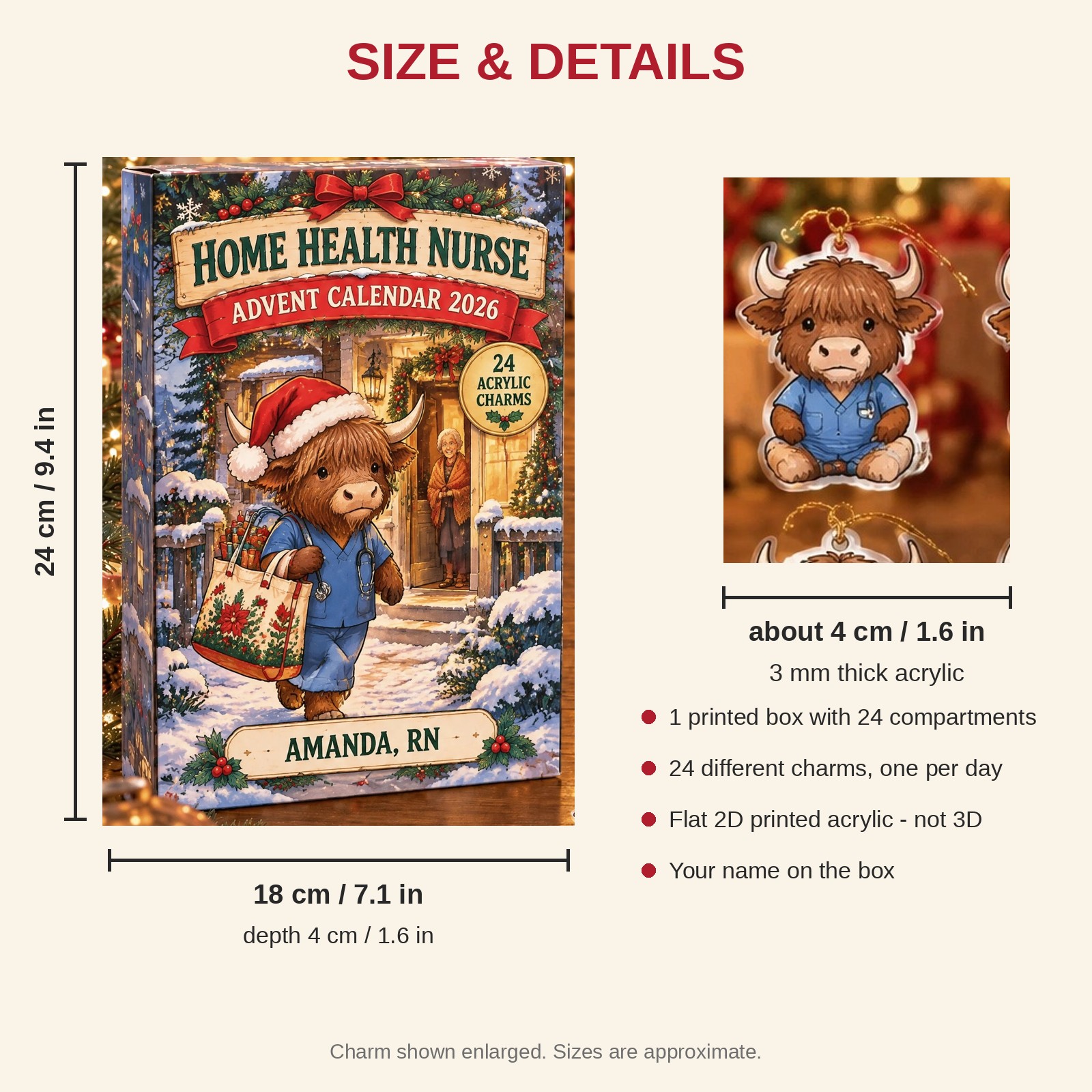Personalized Home Health RN Highland Cow advent calendar box with 24 flat acrylic Christmas charms: box and charm sizes