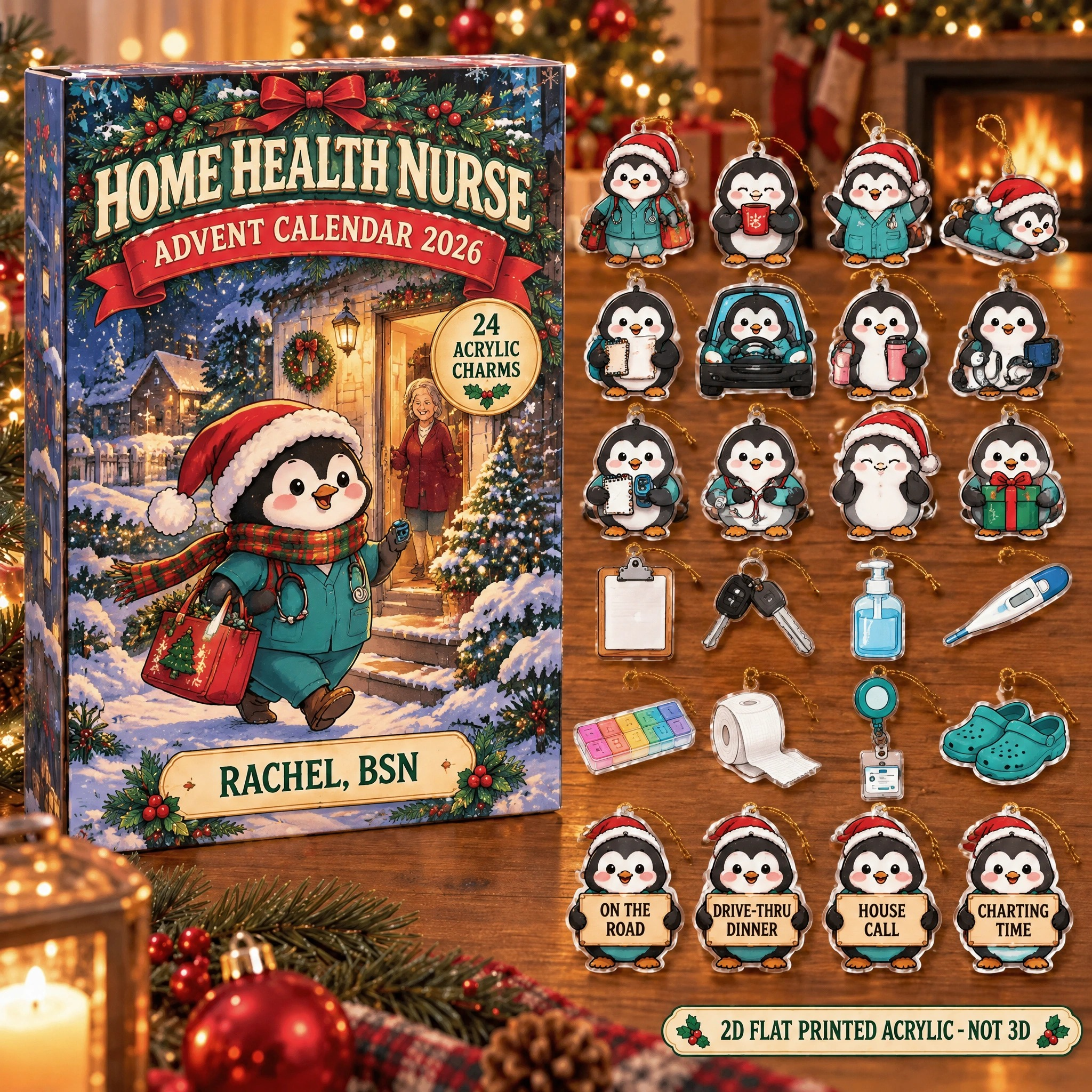 Personalized Home Health RN Penguin advent calendar box with 24 flat acrylic Christmas charms