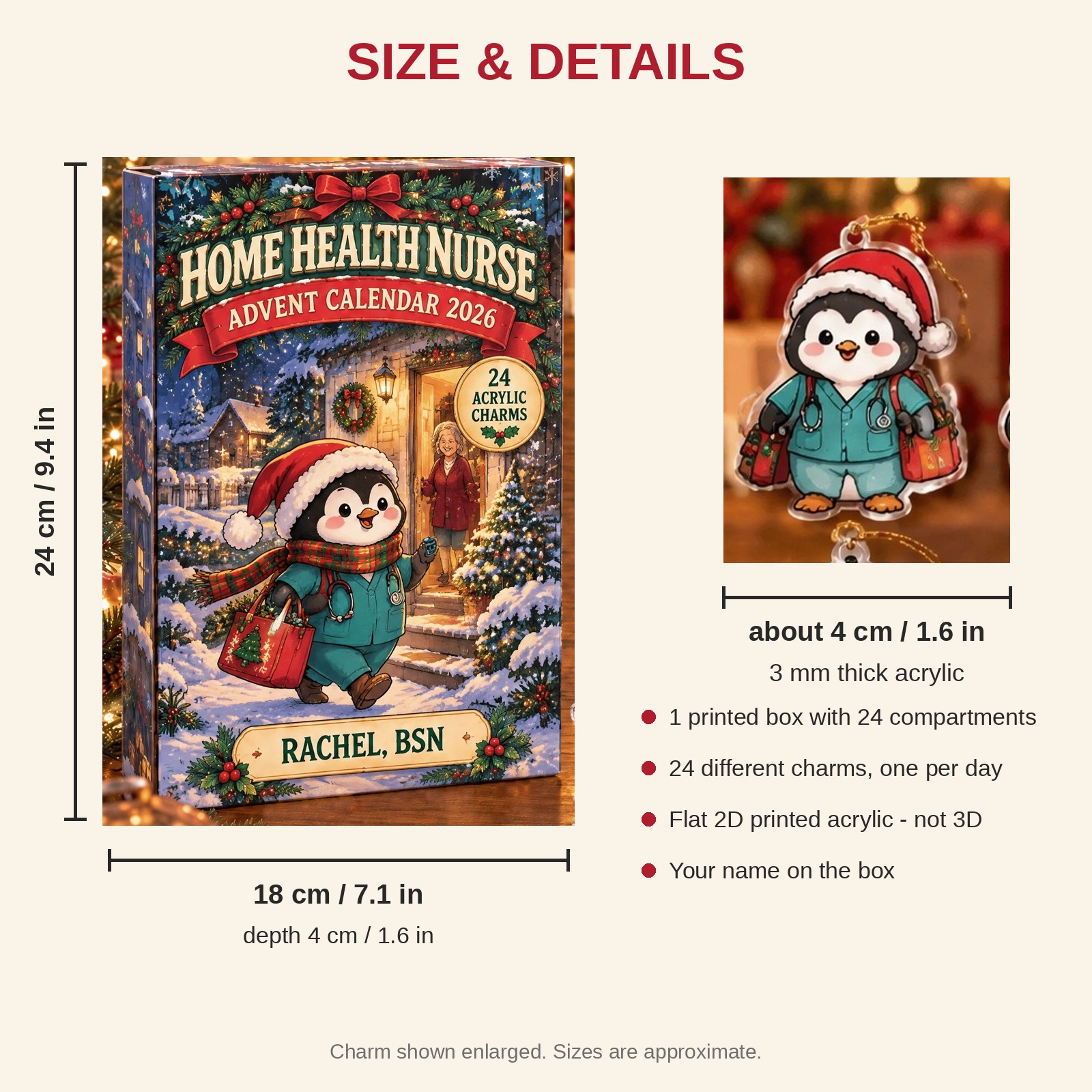 Personalized Home Health RN Penguin advent calendar box with 24 flat acrylic Christmas charms: box and charm sizes
