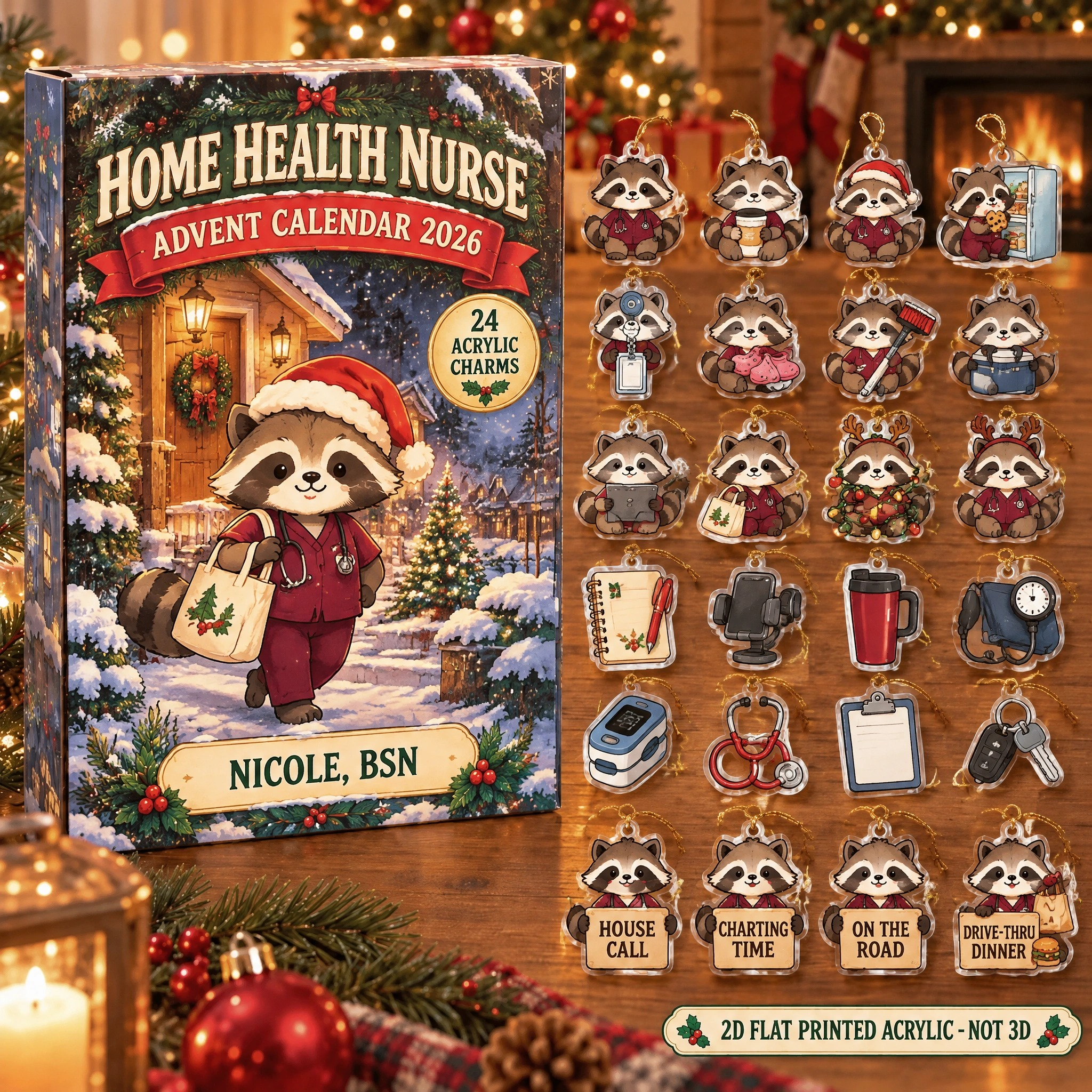 Personalized Home Health RN Raccoon advent calendar box with 24 flat acrylic Christmas charms