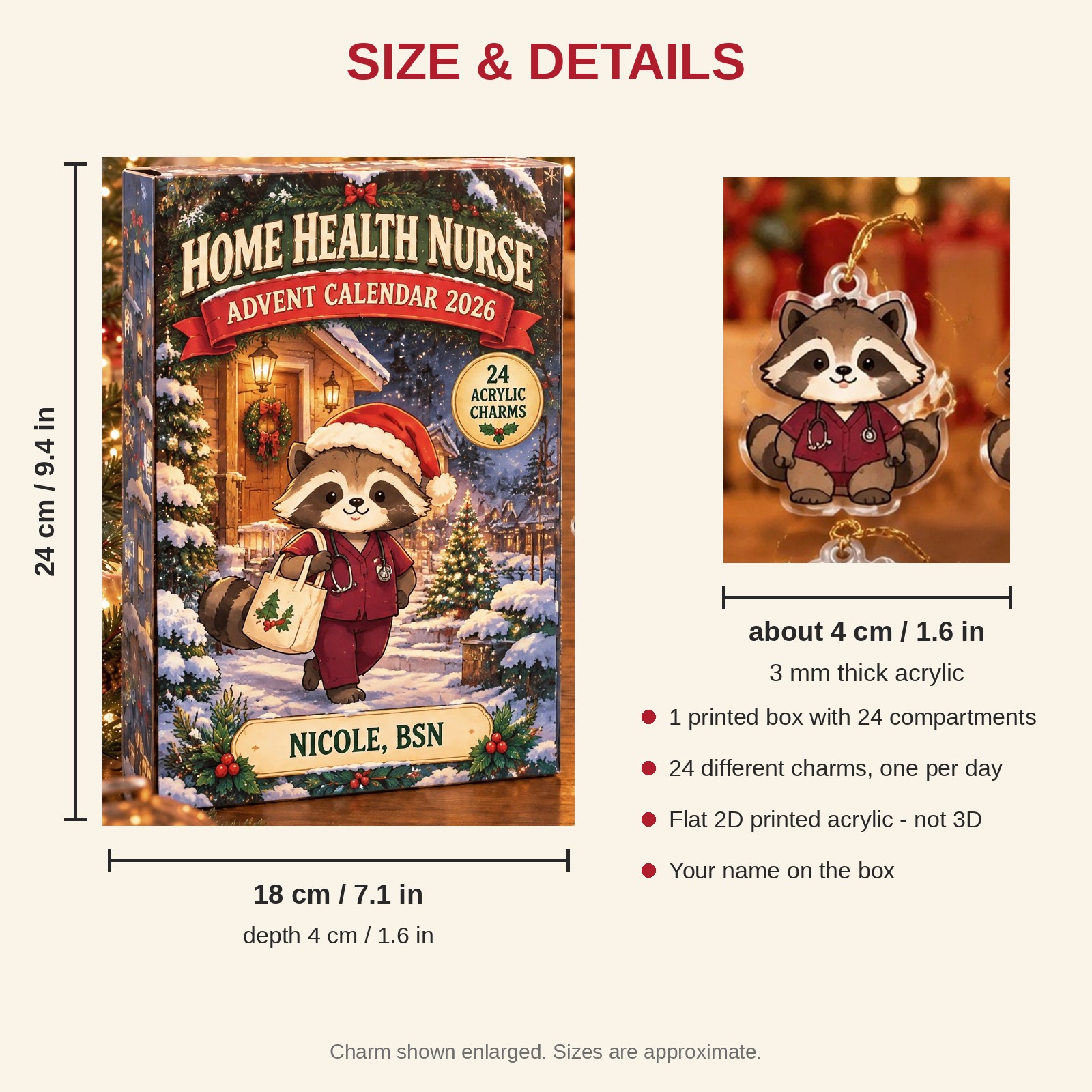 Personalized Home Health RN Raccoon advent calendar box with 24 flat acrylic Christmas charms: box and charm sizes