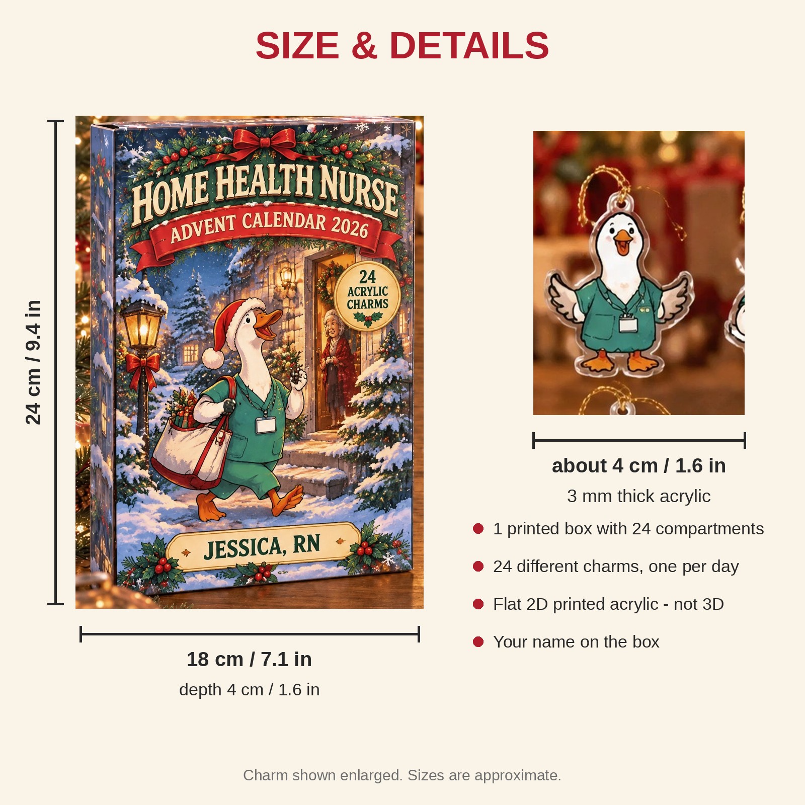 Personalized Home Health RN Silly Goose advent calendar box with 24 flat acrylic Christmas charms: box and charm sizes