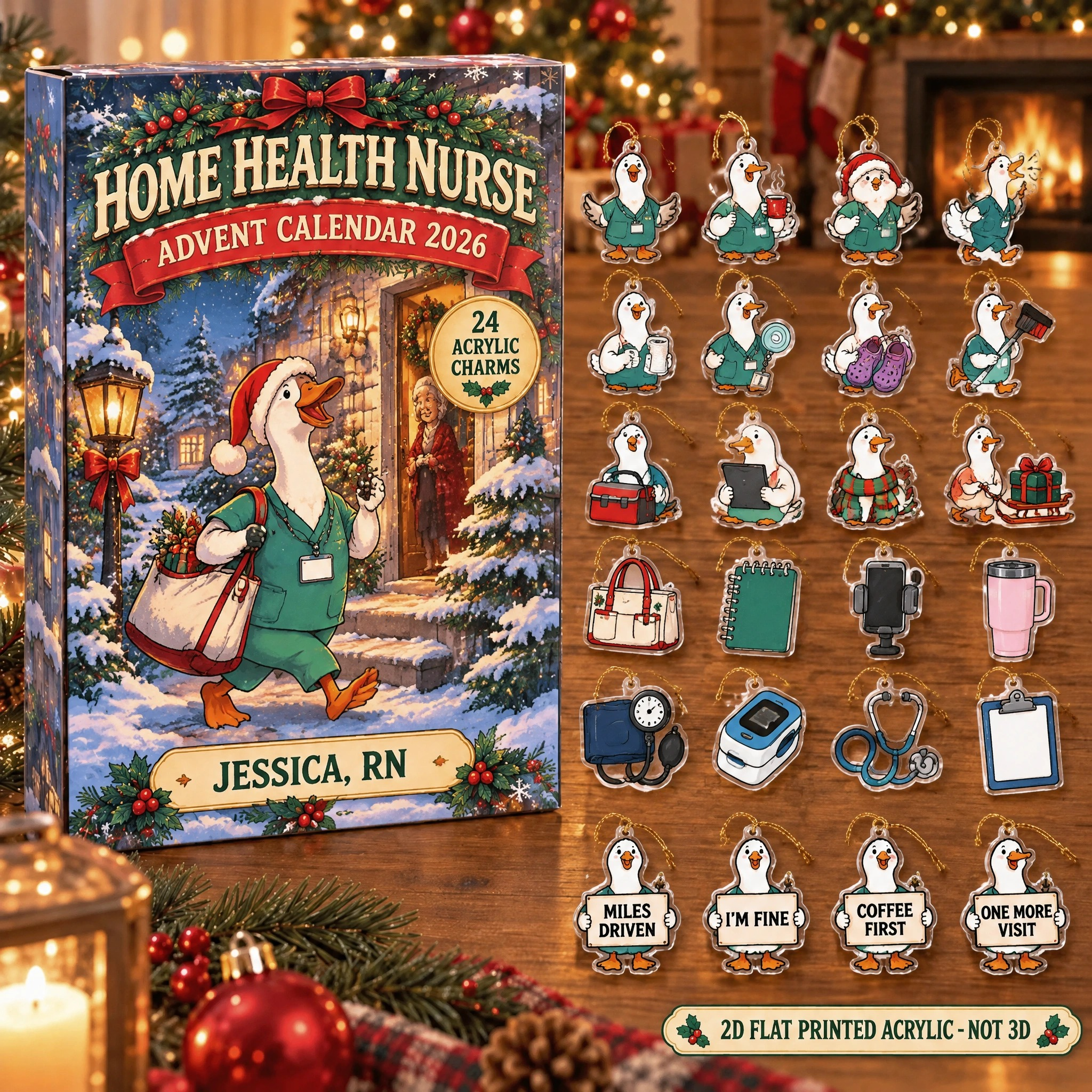 Personalized Home Health RN Silly Goose advent calendar box with 24 flat acrylic Christmas charms