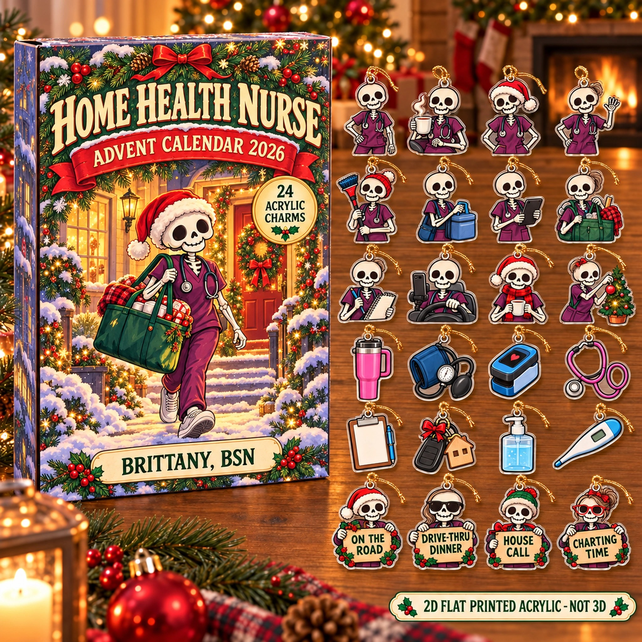 Personalized Home Health RN Skeleton advent calendar box with 24 flat acrylic Christmas charms