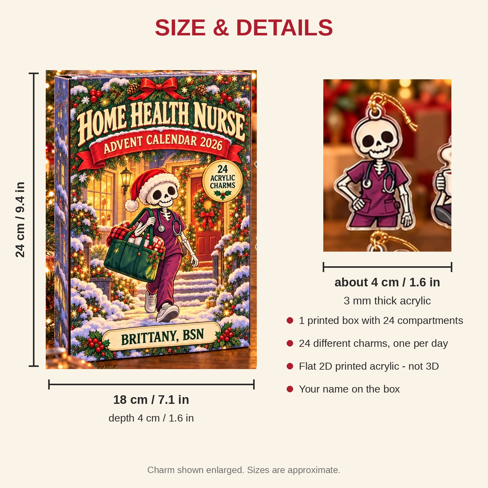 Personalized Home Health RN Skeleton advent calendar box with 24 flat acrylic Christmas charms: box and charm sizes