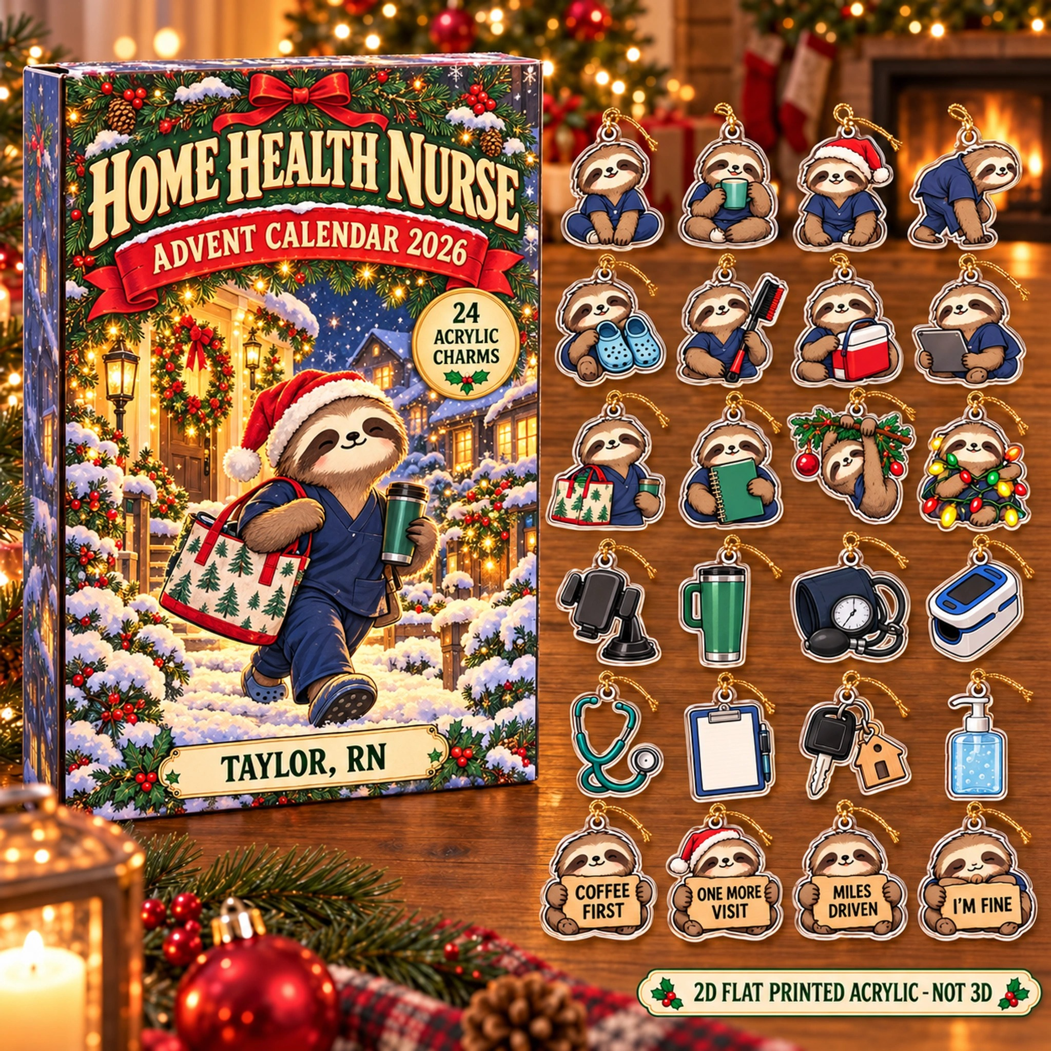 Personalized Home Health RN Sloth advent calendar box with 24 flat acrylic Christmas charms