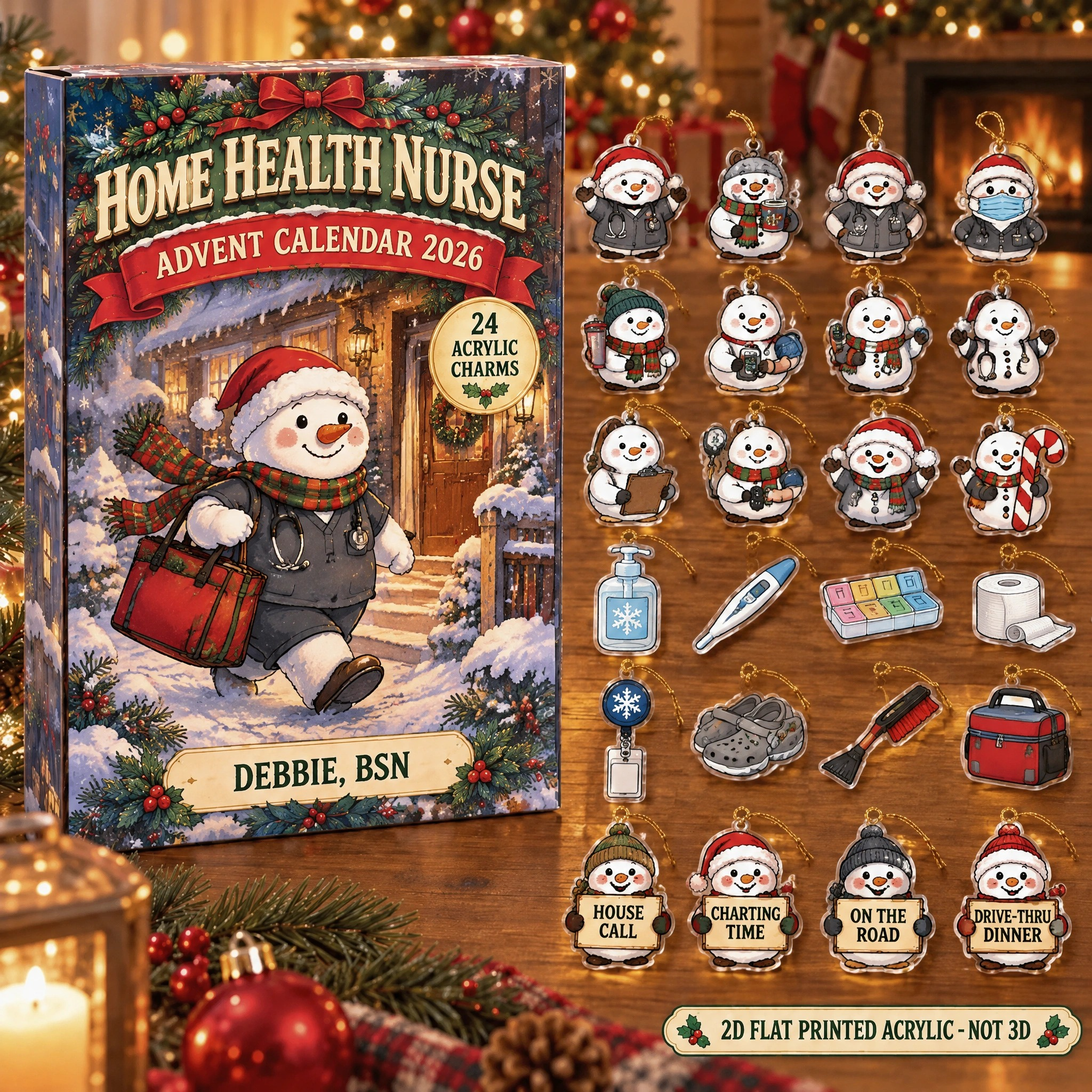 Personalized Home Health RN Snowman advent calendar box with 24 flat acrylic Christmas charms