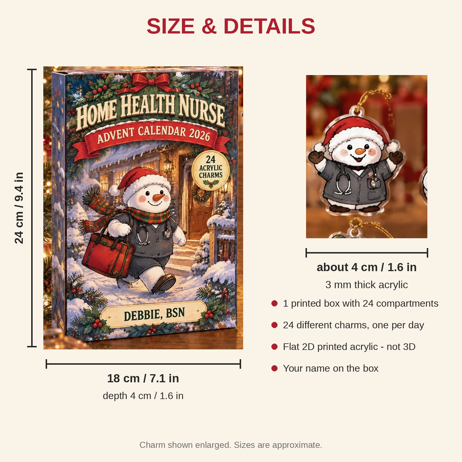 Personalized Home Health RN Snowman advent calendar box with 24 flat acrylic Christmas charms: box and charm sizes