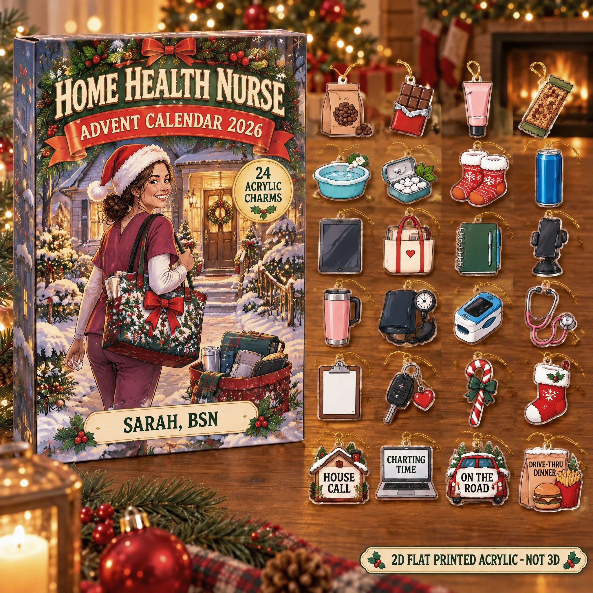 Personalized Home Health RN Survival Kit advent calendar box with 24 flat acrylic Christmas charms