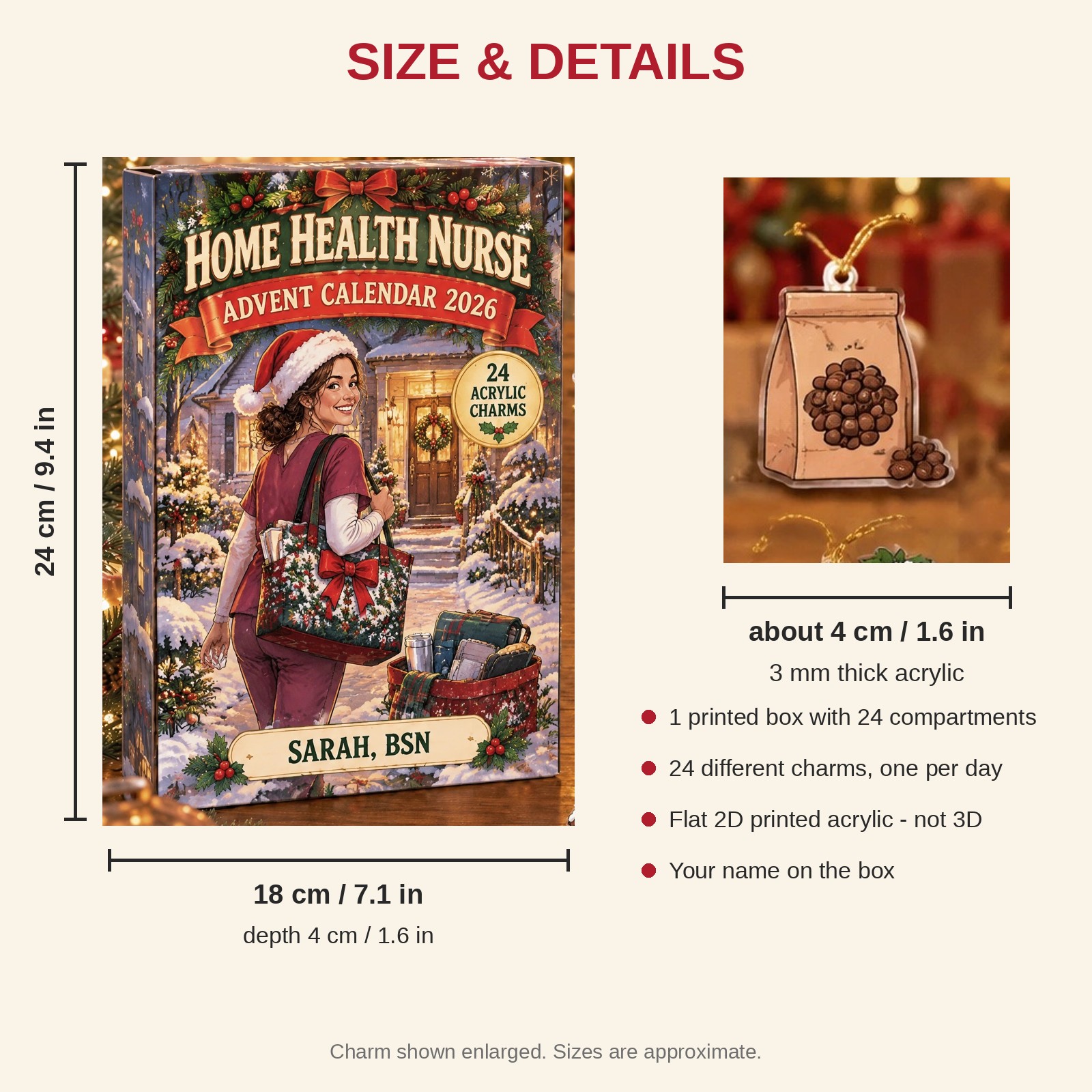 Personalized Home Health RN Survival Kit advent calendar box with 24 flat acrylic Christmas charms: box and charm sizes