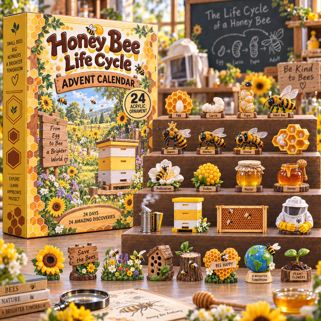 Honey Bee Life Cycle advent calendar box with 24 acrylic Christmas charms