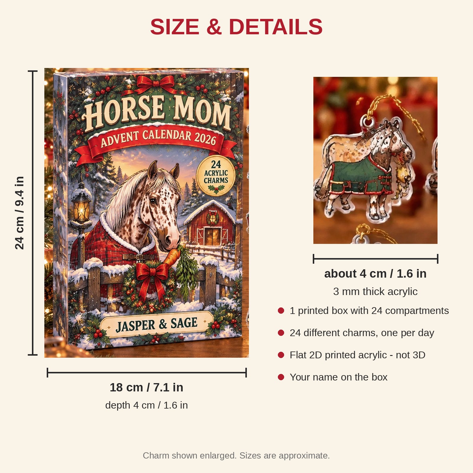 Personalized Appaloosa Horse Lover advent calendar box with 24 flat acrylic Christmas charms: box and charm sizes