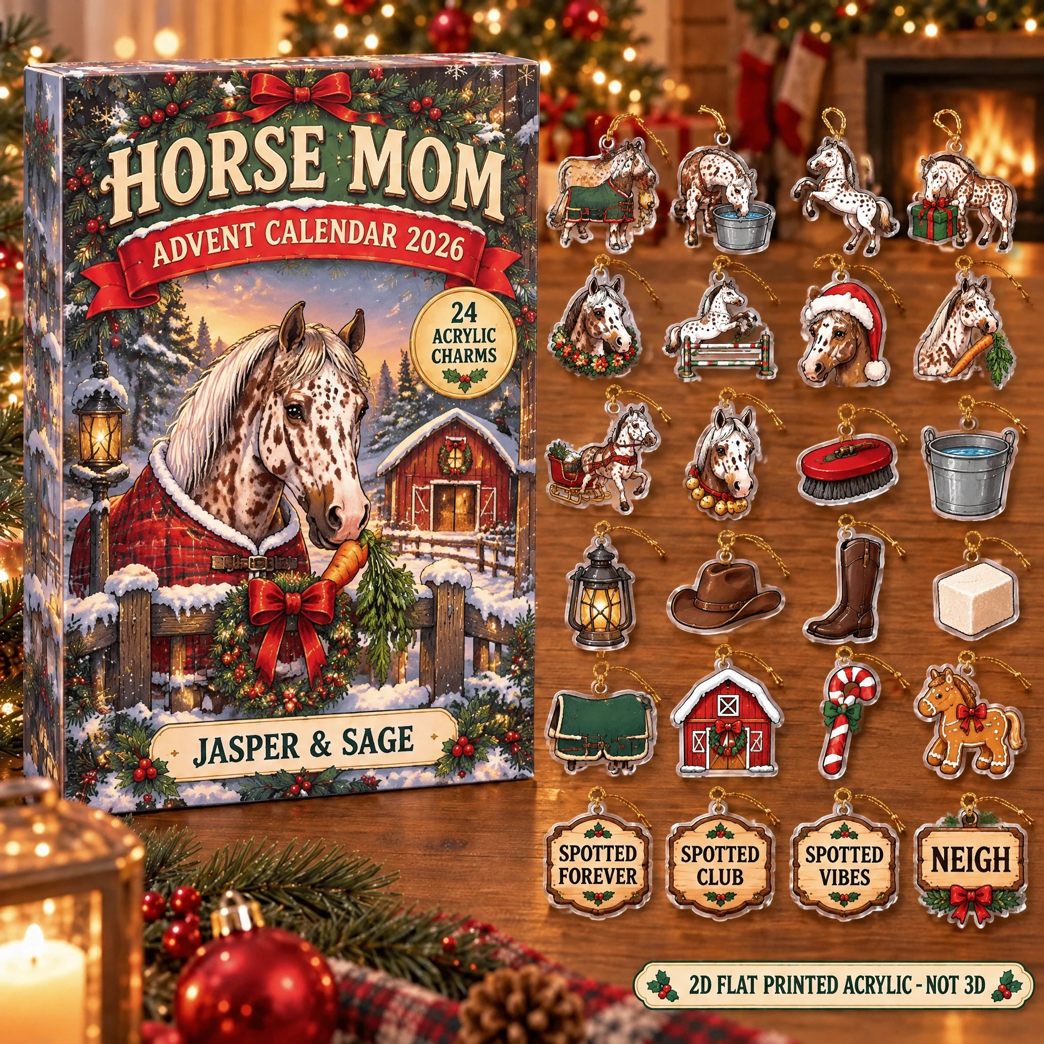Personalized Appaloosa Horse Lover advent calendar box with 24 flat acrylic Christmas charms