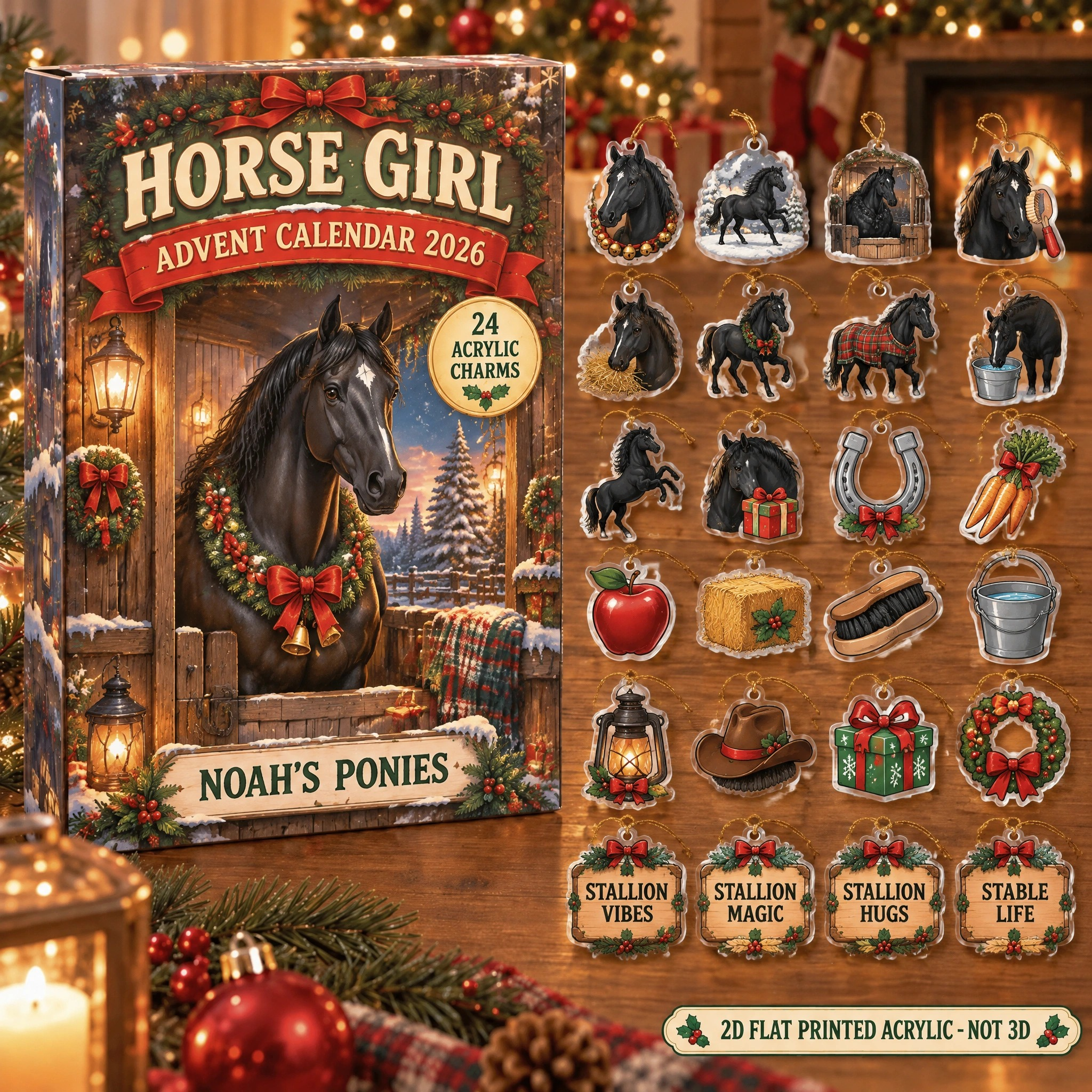 Personalized Black Horse Lover advent calendar box with 24 flat acrylic Christmas charms