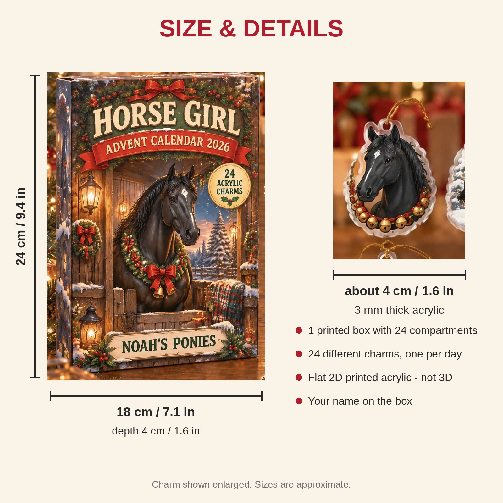 Personalized Black Horse Lover advent calendar box with 24 flat acrylic Christmas charms: box and charm sizes