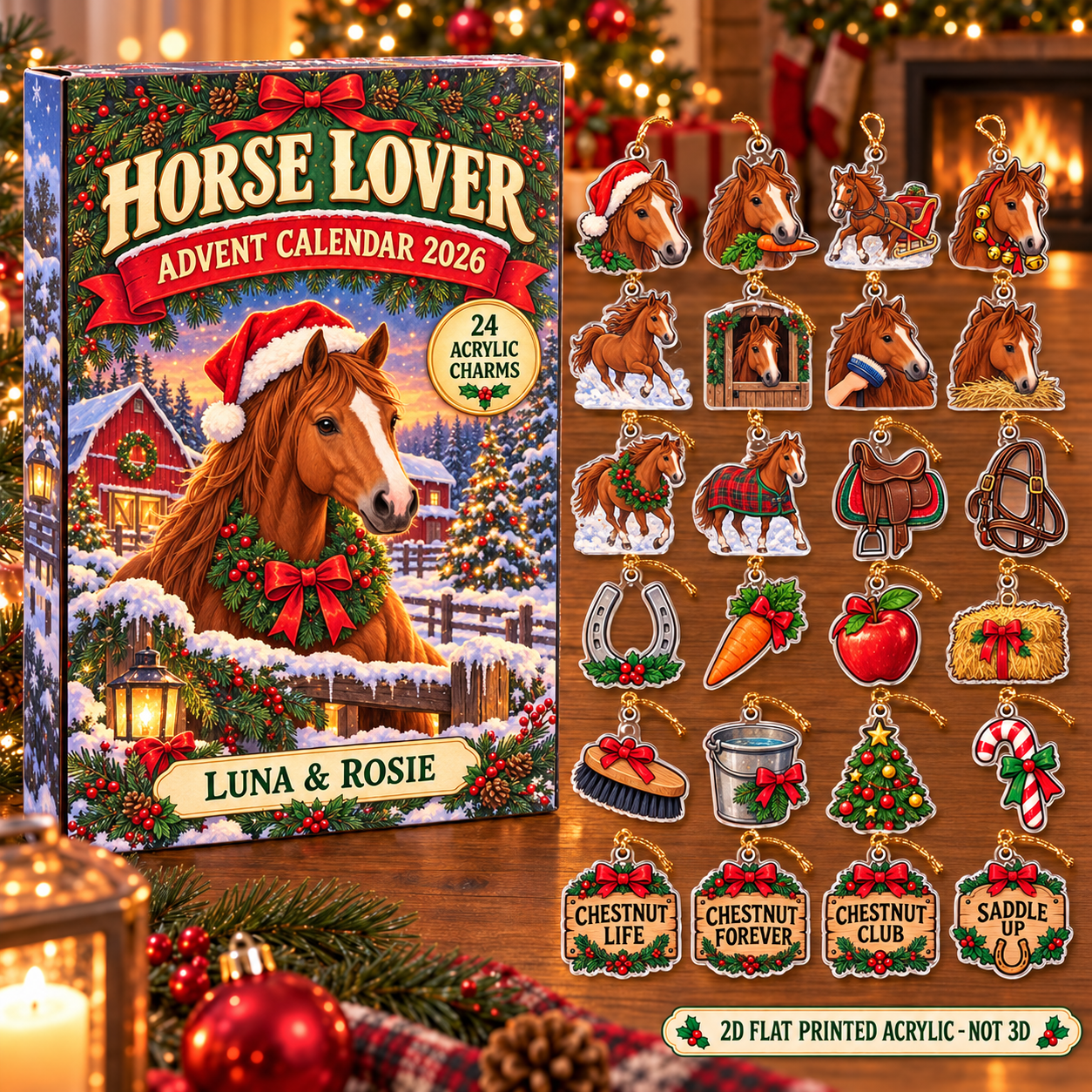 Personalized Chestnut Horse Lover advent calendar box with 24 flat acrylic Christmas charms